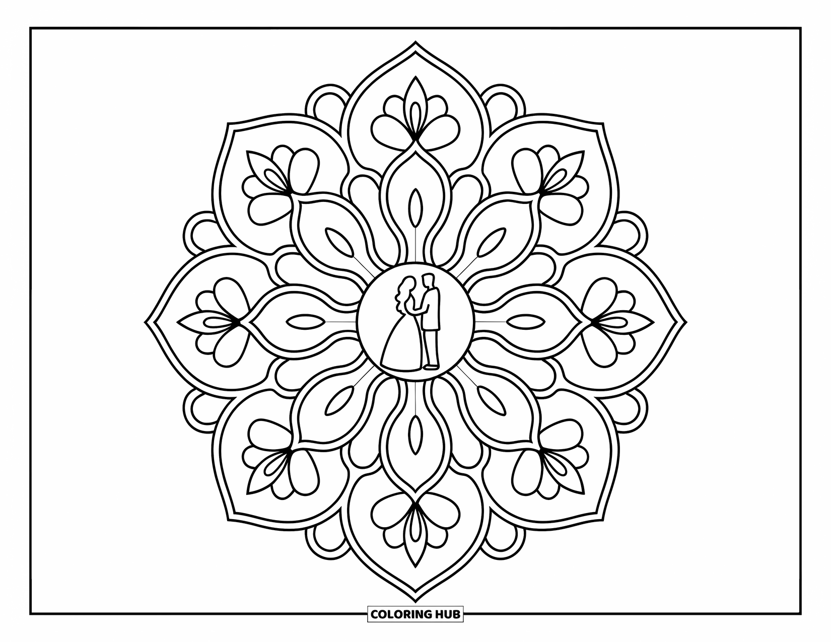Bride And Groom Coloring Page for Adults: Bride and groom silhouette centered in floral mandala
