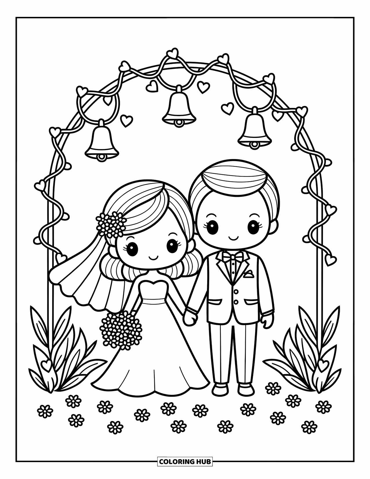 Bride And Groom Coloring Page for Adults: Chibi couple beneath a flower arch with heart garlands and petals
