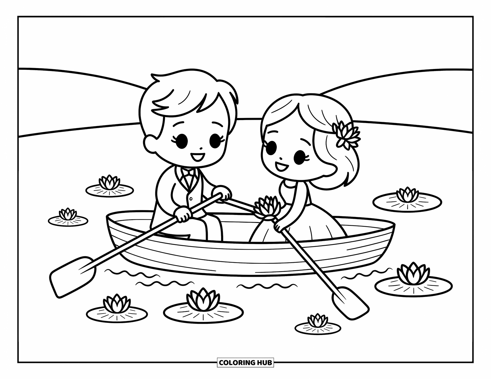 Bride And Groom Coloring Page for Adults: Chibi couple in a rowboat surrounded by lily pads and gentle hills