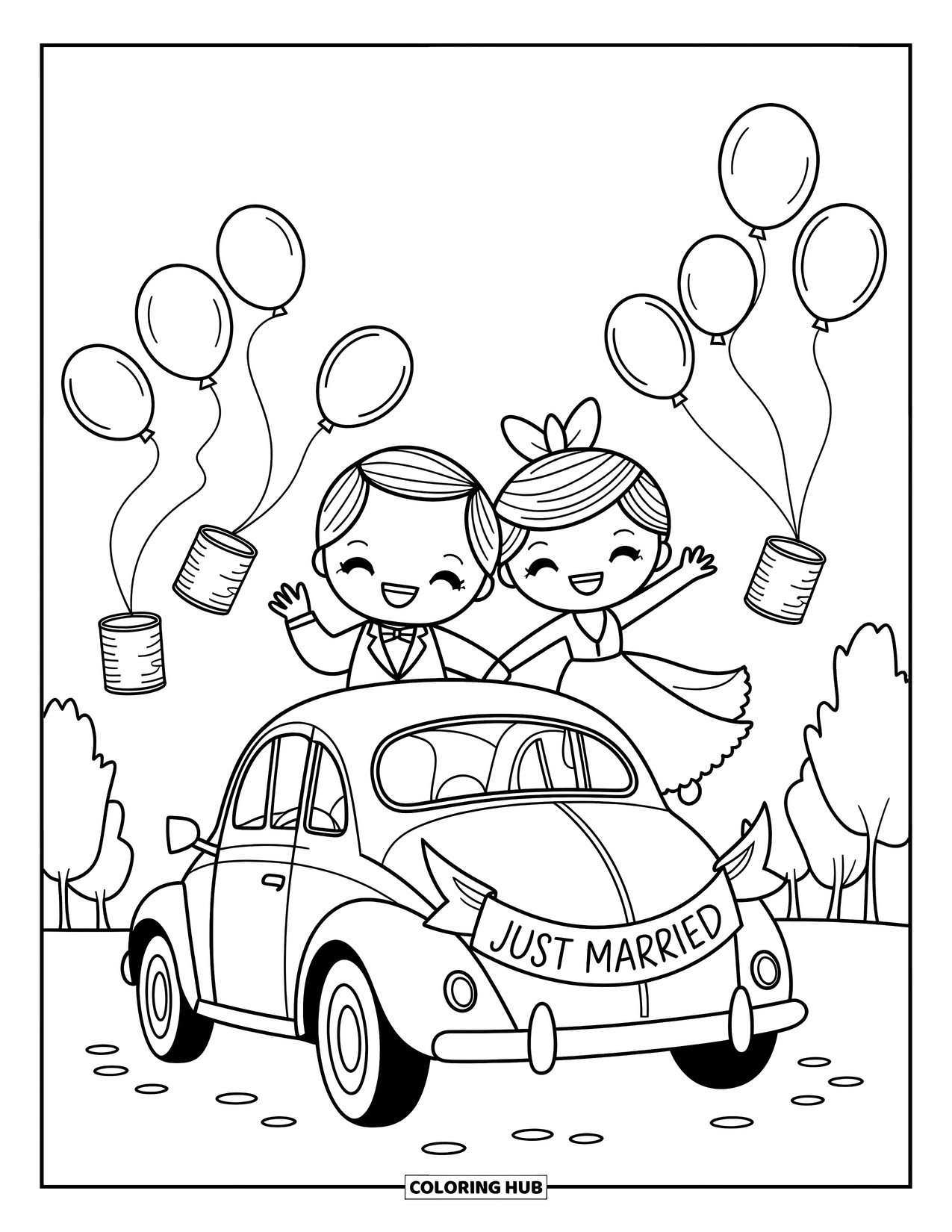 Bride And Groom Coloring Page for Adults: Chibi couple in a small car with a "Just Married" sign