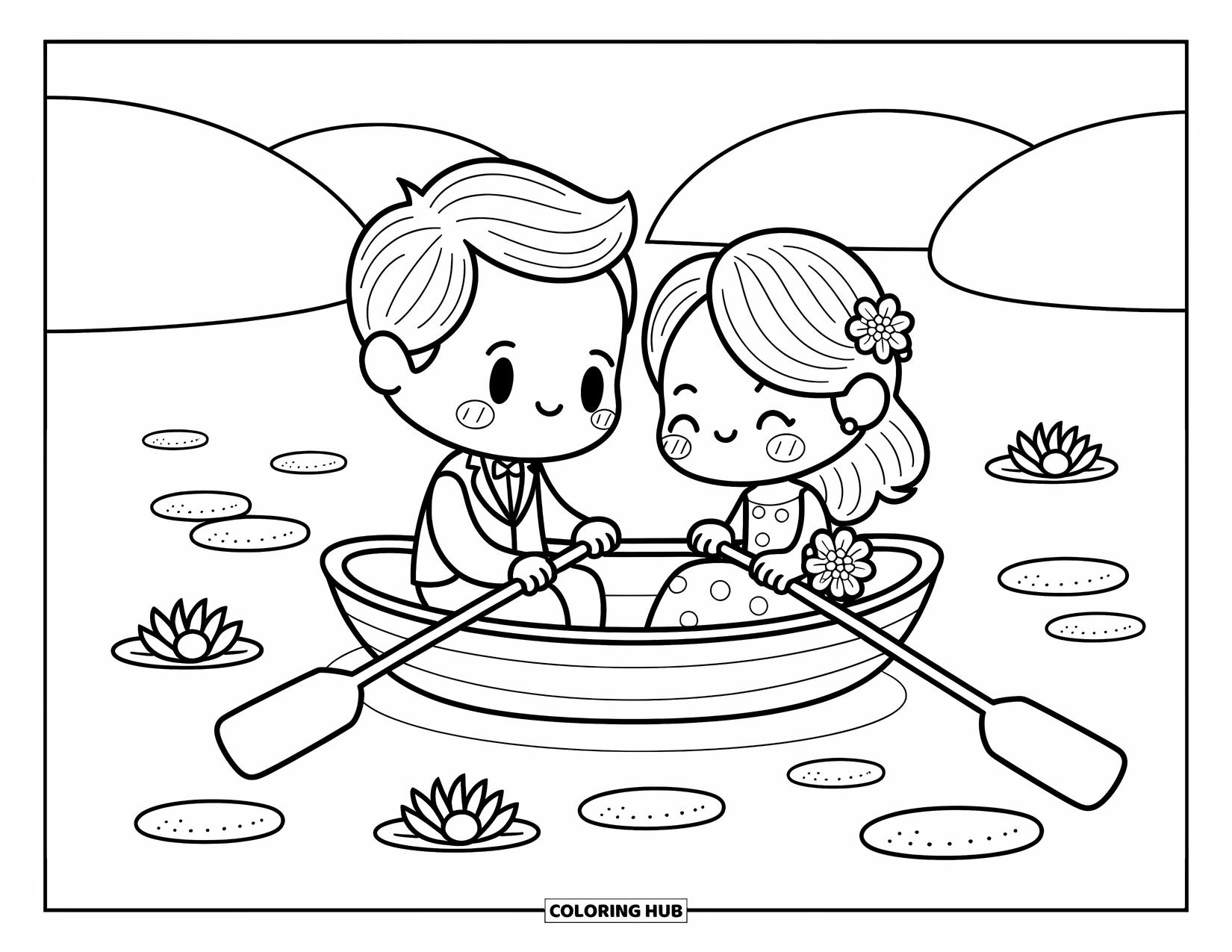 Bride And Groom Coloring Page for Adults: Chibi couple rowing on a calm lake with lily pads and distant hills