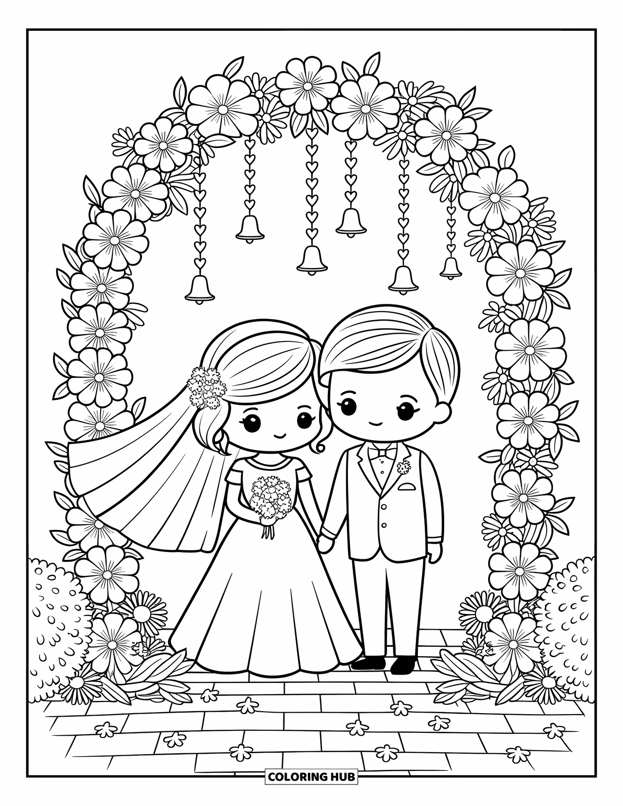 Bride And Groom Coloring Page for Adults: Chibi couple standing under a floral arch with bells and petals