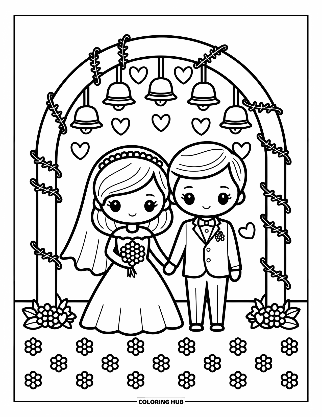 Bride And Groom Coloring Page for Adults: Chibi couple under a flower arch holding hands with petals on the ground