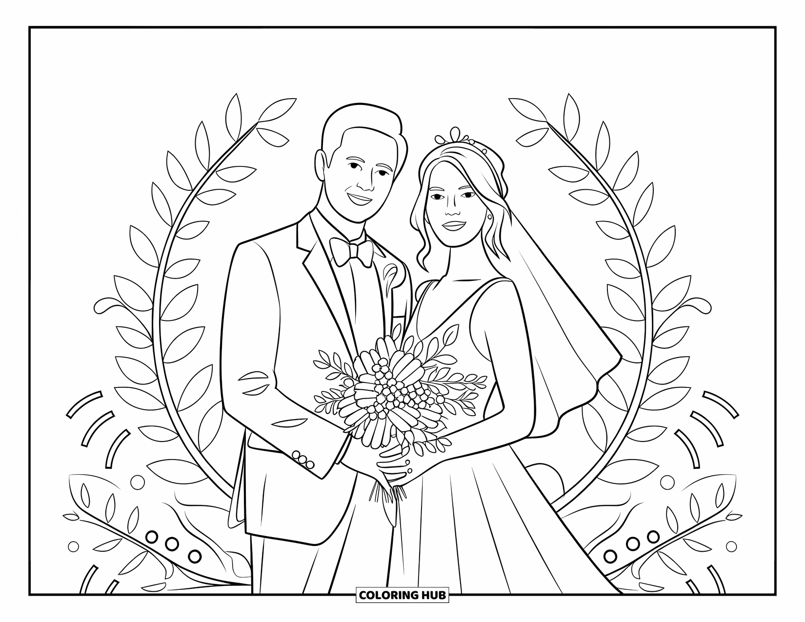 Bride And Groom Coloring Page for Adults: Couple holding bouquet surrounded by detailed botanical patterns