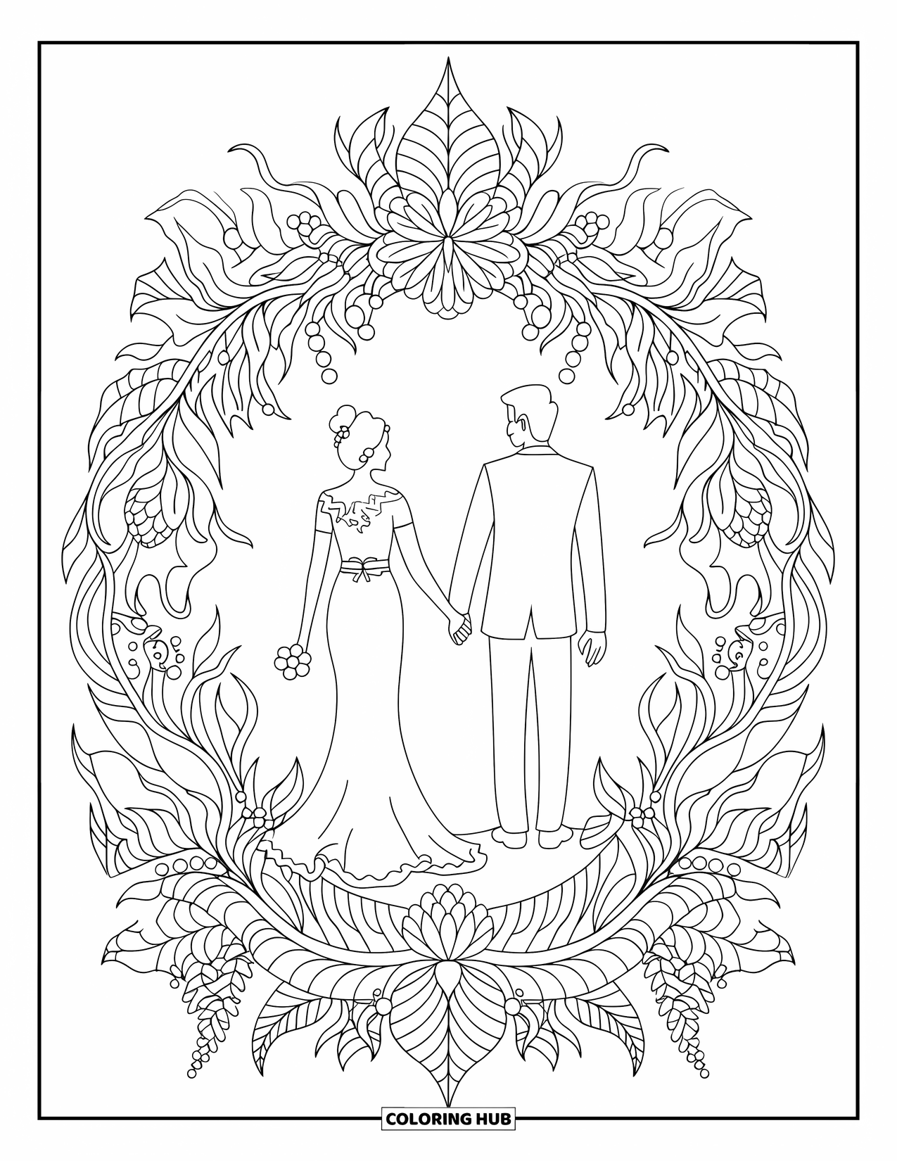 Bride And Groom Coloring Page for Adults: Couple holding hands framed by floral and vine mandala