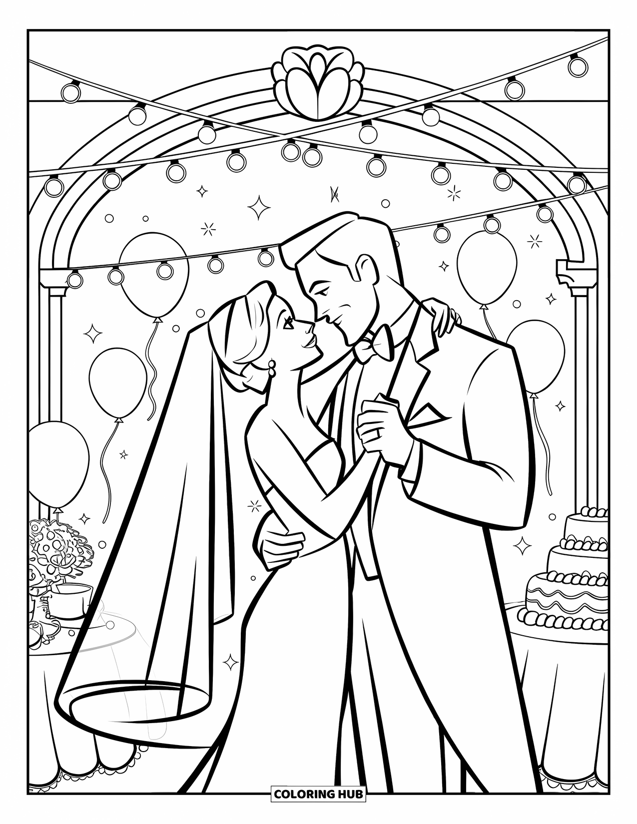 Bride And Groom Coloring Page for Kids: Bride and groom dancing in a festive setting with balloons and cake