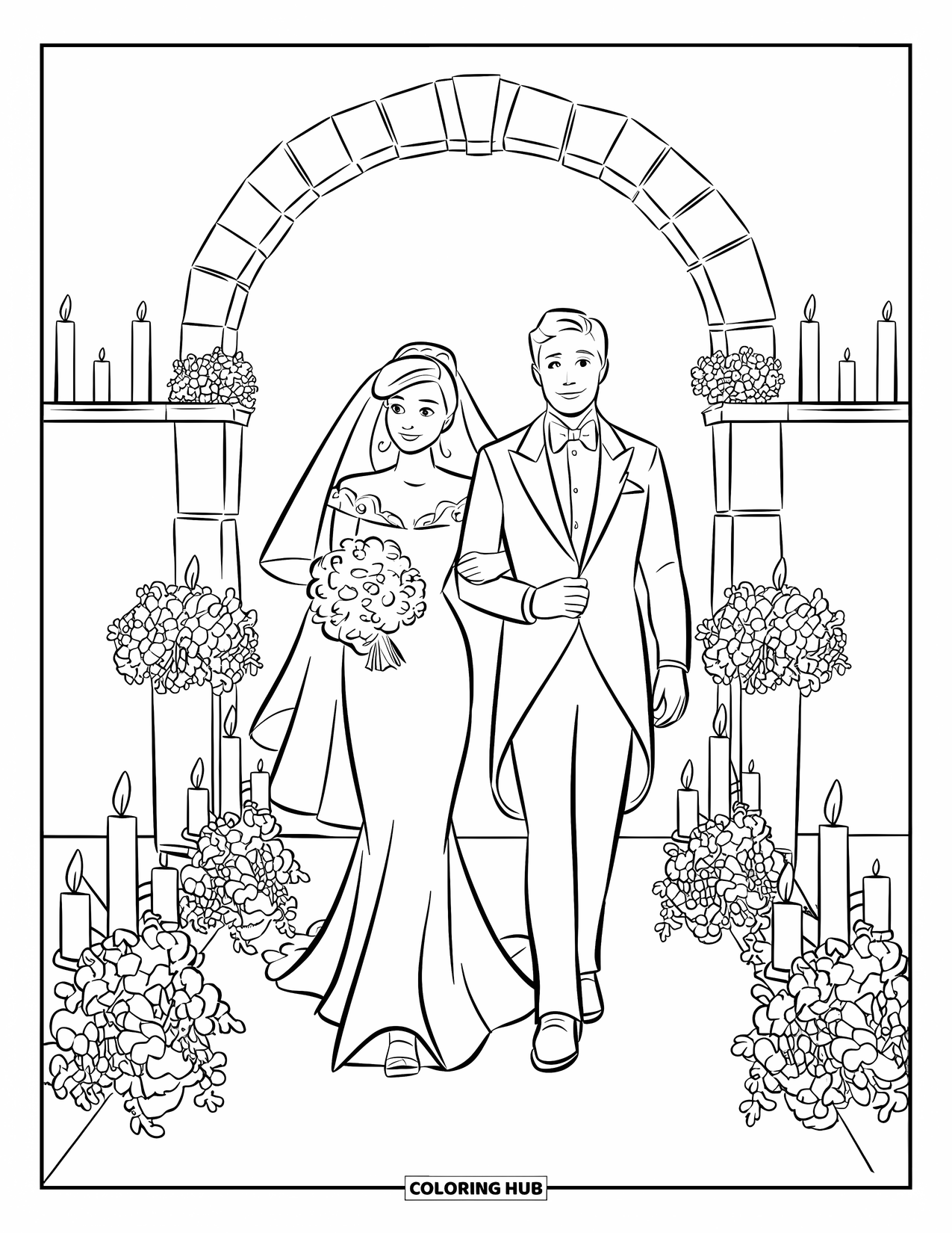 Bride And Groom Coloring Page for Kids: Bride and groom down a candlelit aisle under a stone archway