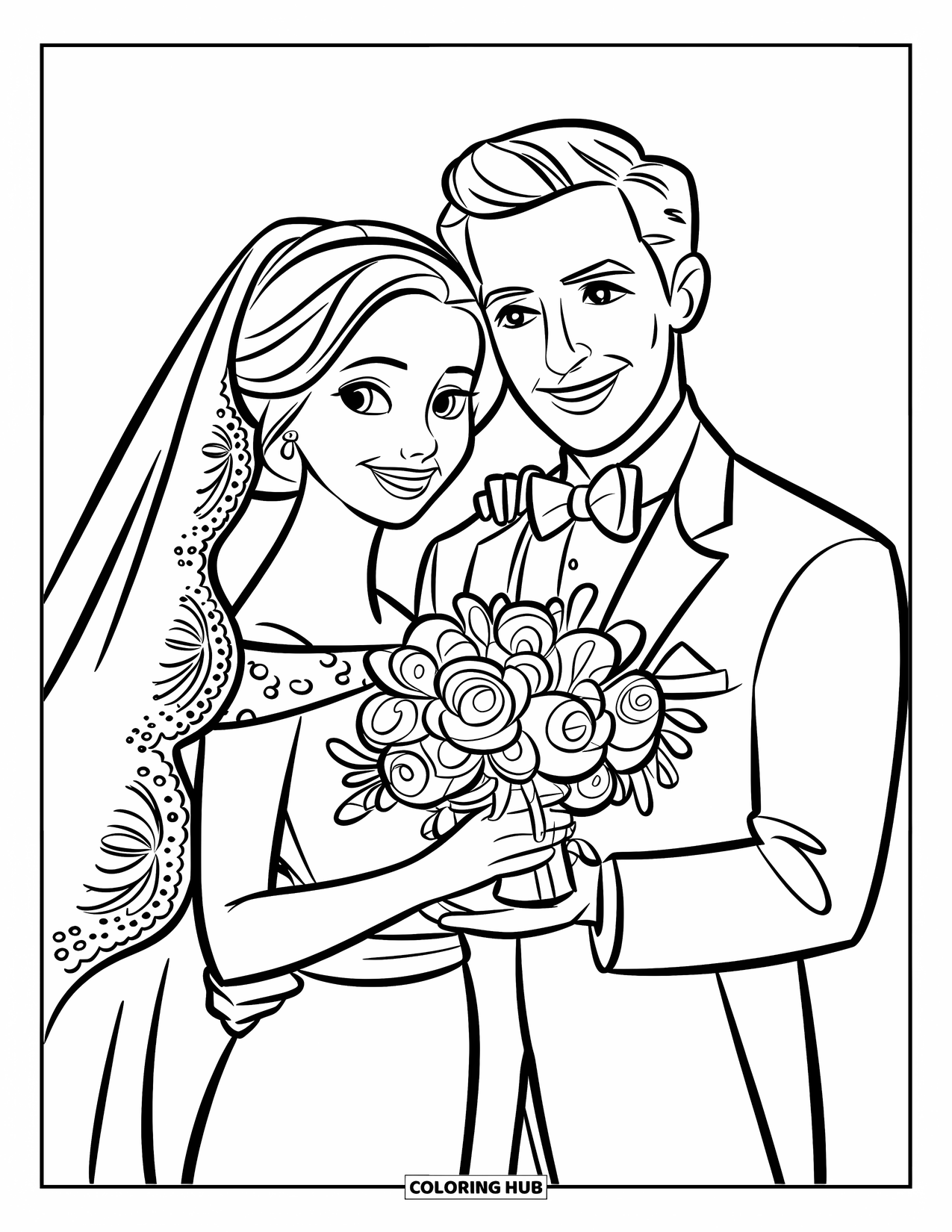 Bride And Groom Coloring Page for Kids: Bride and groom holding a bouquet of roses