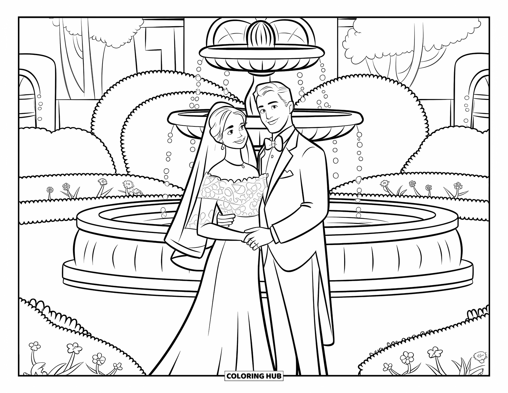 Bride And Groom Coloring Page for Kids: Bride and groom in a garden with a classical fountain and flowers