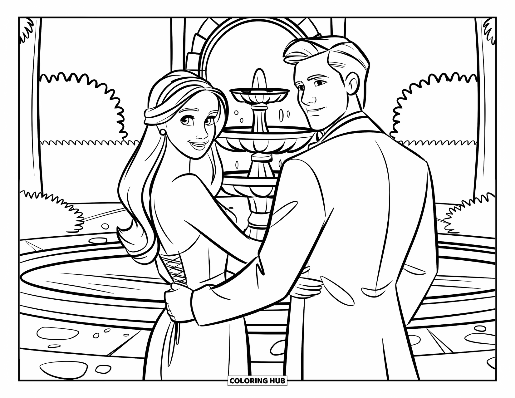 Bride And Groom Coloring Page for Kids: Bride and groom near a stone archway and a flowing fountain
