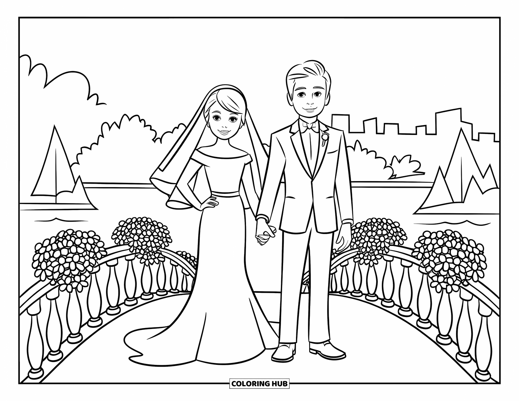 Bride And Groom Coloring Page for Kids: Bride and groom on a bridge with water, trees, and skyline