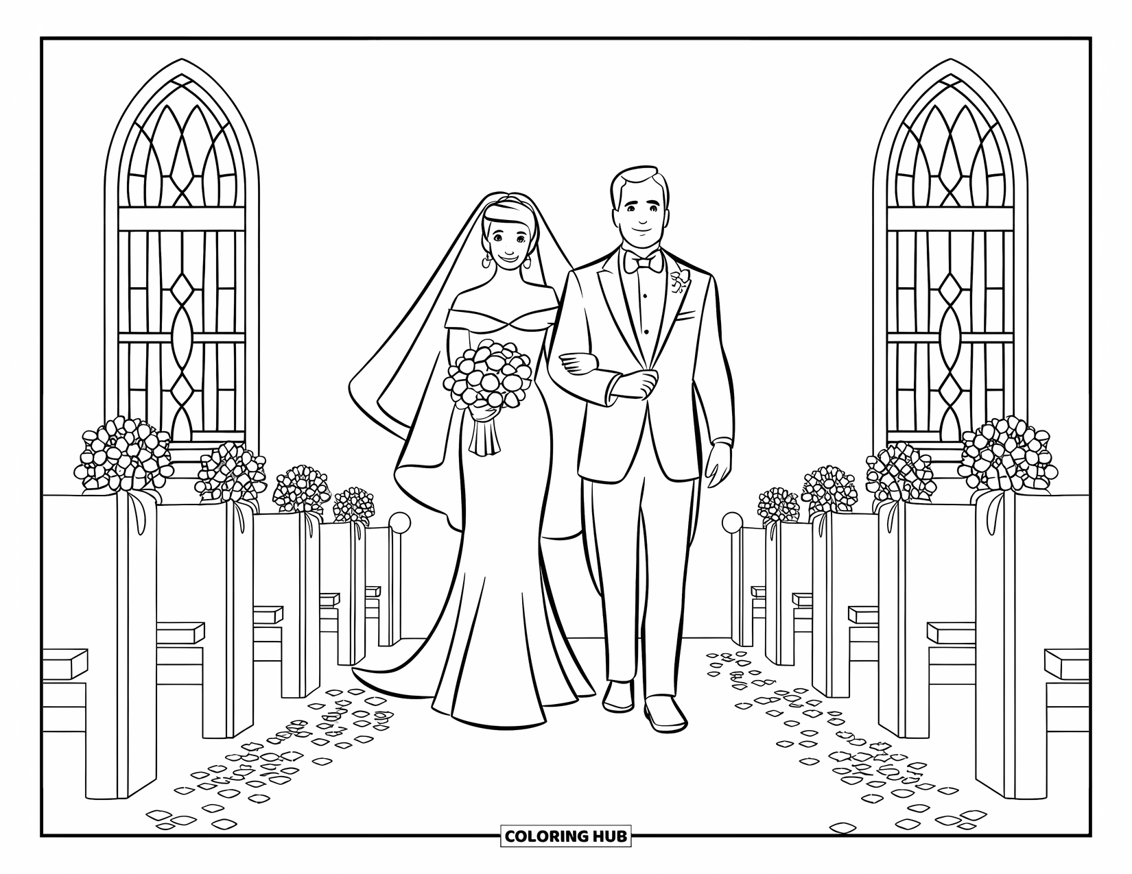 Bride And Groom Coloring Page for Kids: Bride and groom on a petal-covered aisle in a chapel