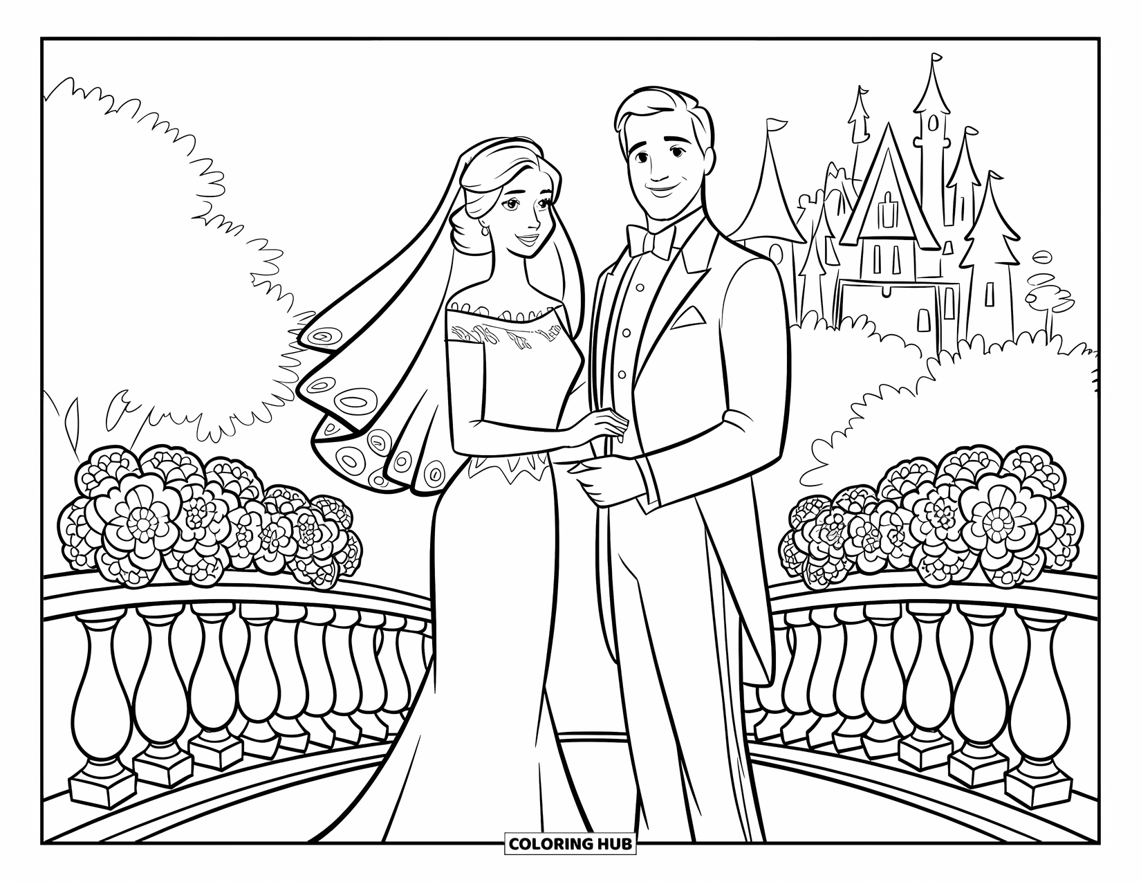 Bride And Groom Coloring Page for Kids: Bride and groom standing on a flower-lined bridge near a castle