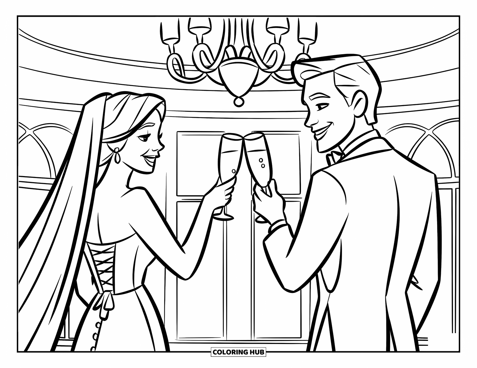 Bride And Groom Coloring Page for Kids: Bride and groom toasting under a chandelier and large windows