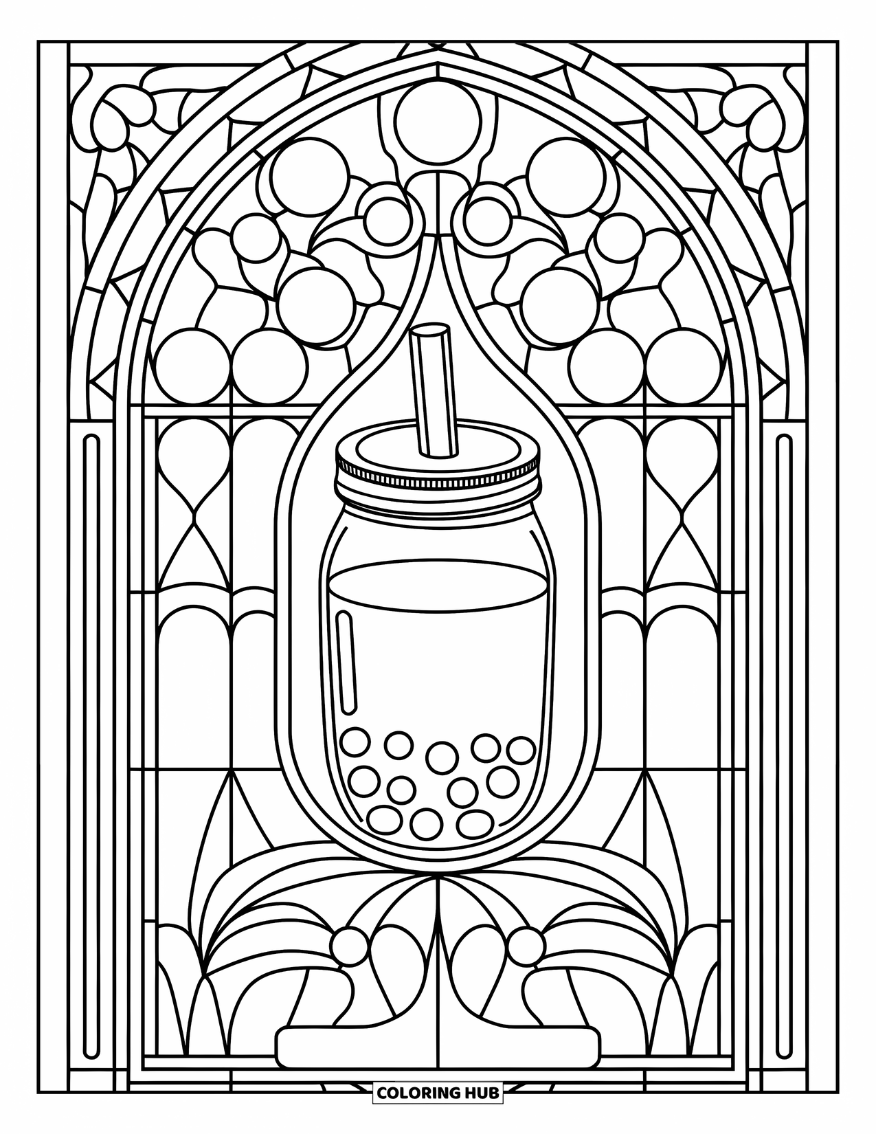 Bubble Tea Coloring Page for Adults: A bubble tea jar shines from the center of a patterned stained glass design