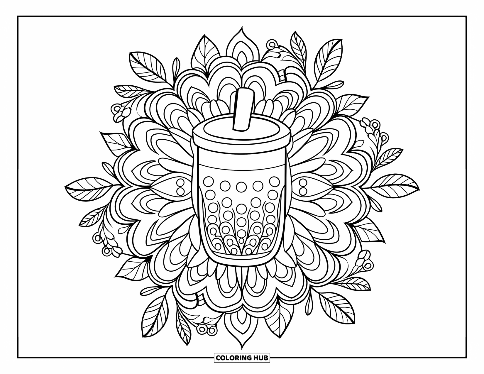 Bubble Tea Coloring Page for Adults: A bubble tea mandala surrounded by delicate leaves and floral patterns