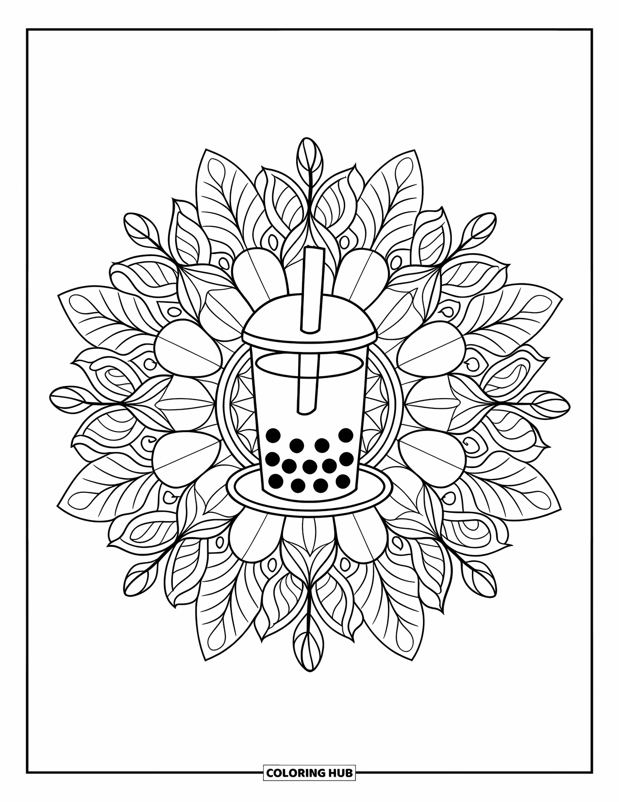 Bubble Tea Coloring Page for Adults: A bubble tea rests in the middle of a leafy botanical mandala