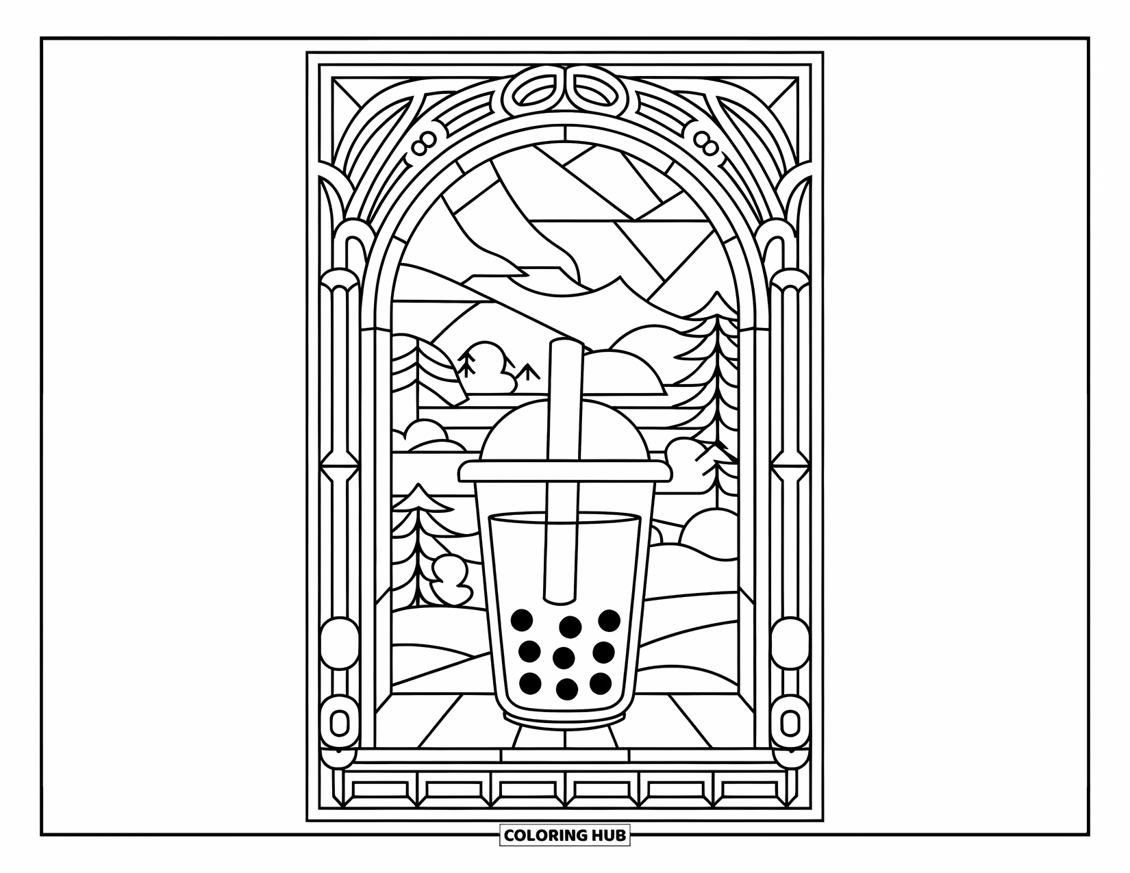 Bubble Tea Coloring Page for Adults: A cozy bubble tea cup framed inside an ornate stained glass window