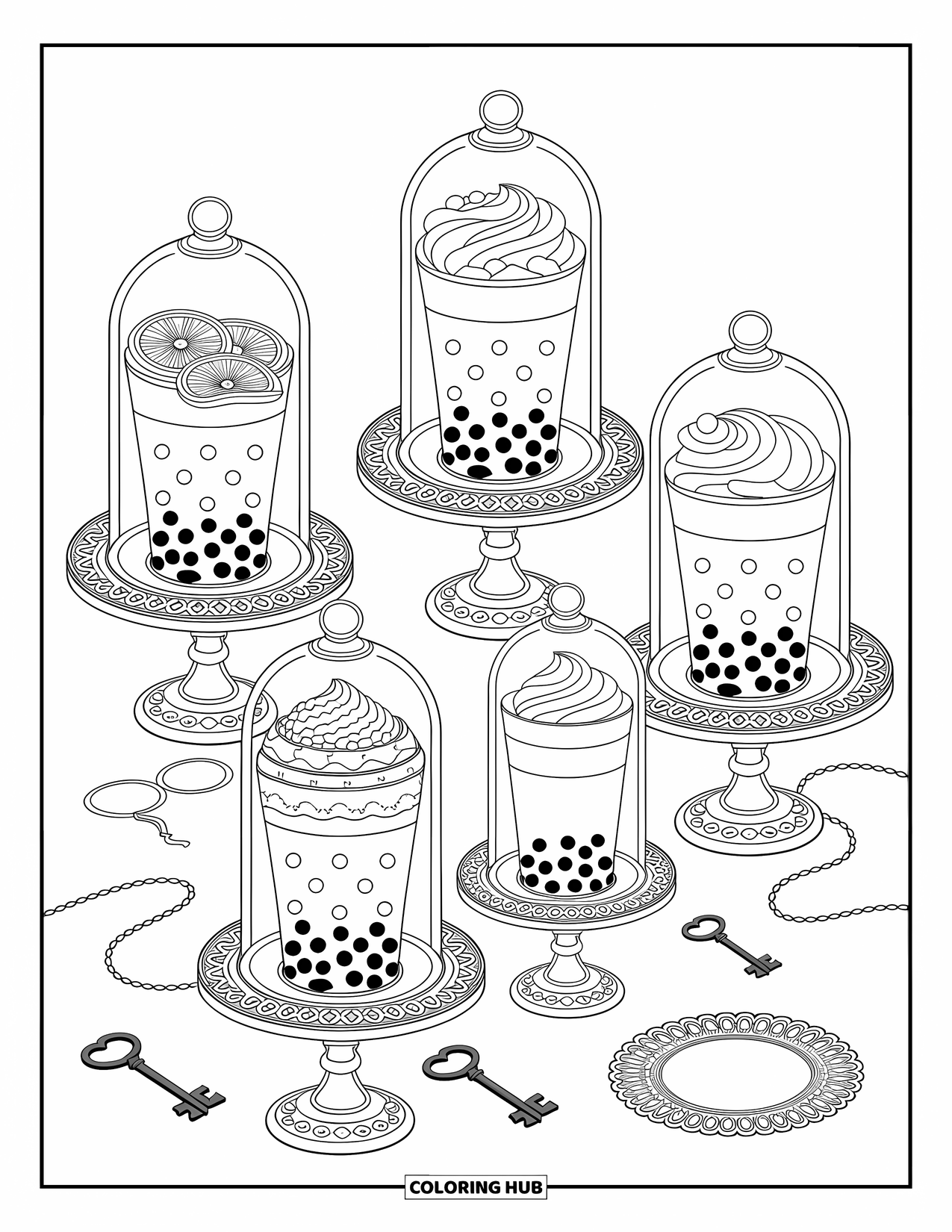 Bubble Tea Coloring Page for Adults: A cozy kitchen counter ready for bubble tea making with cups and toppings