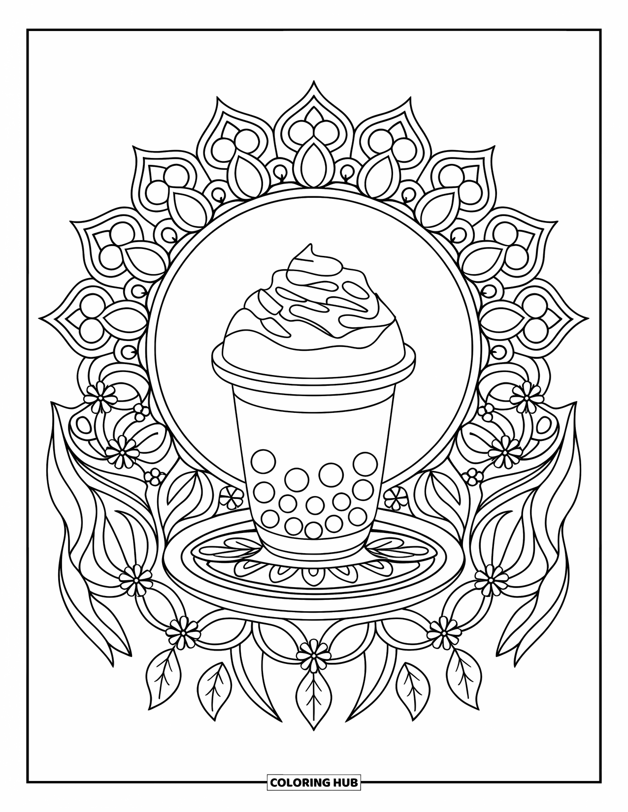 Bubble Tea Coloring Page for Adults: A floral mandala surrounds a sweet whipped bubble tea on a saucer