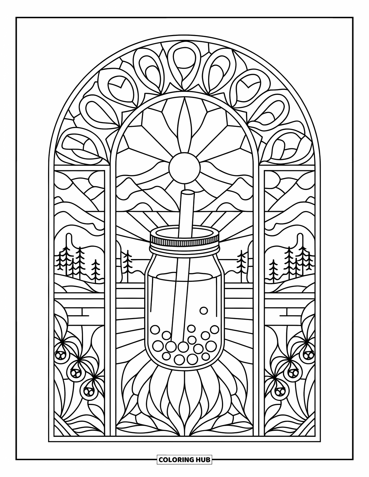 Bubble Tea Coloring Page for Adults: A mason jar bubble tea inside an intricate stained glass frame with nature views