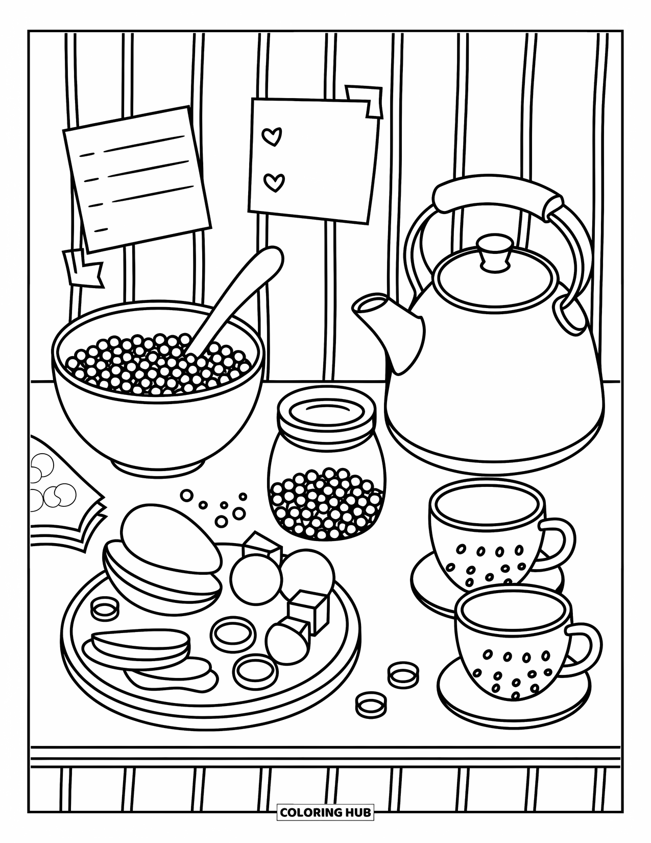 Bubble Tea Coloring Page for Adults: A picnic blanket with three fun bubble teas and sweet treats like mochi and tart