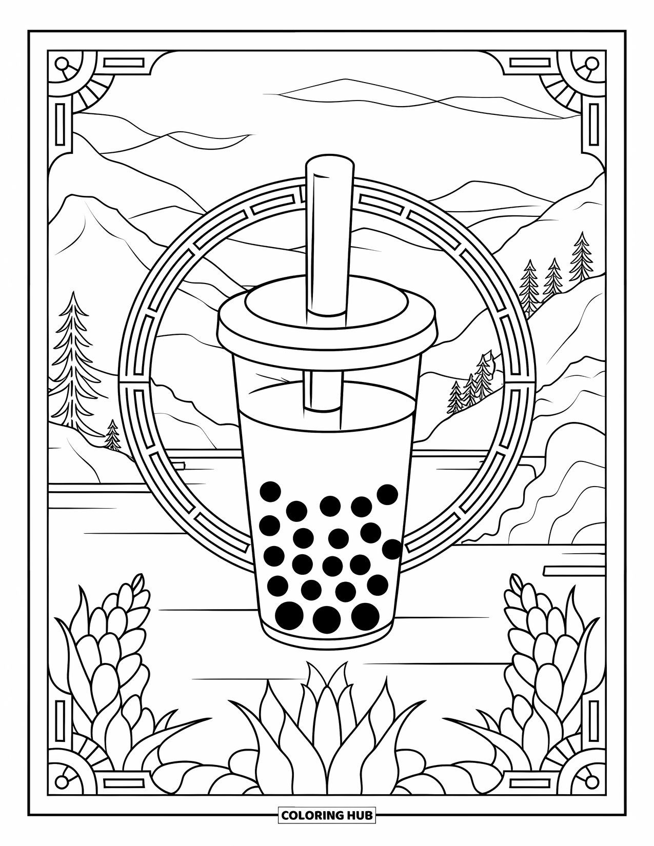 Bubble Tea Coloring Page for Adults: A tall bubble tea with pearls and a nature view inside a stained glass circle