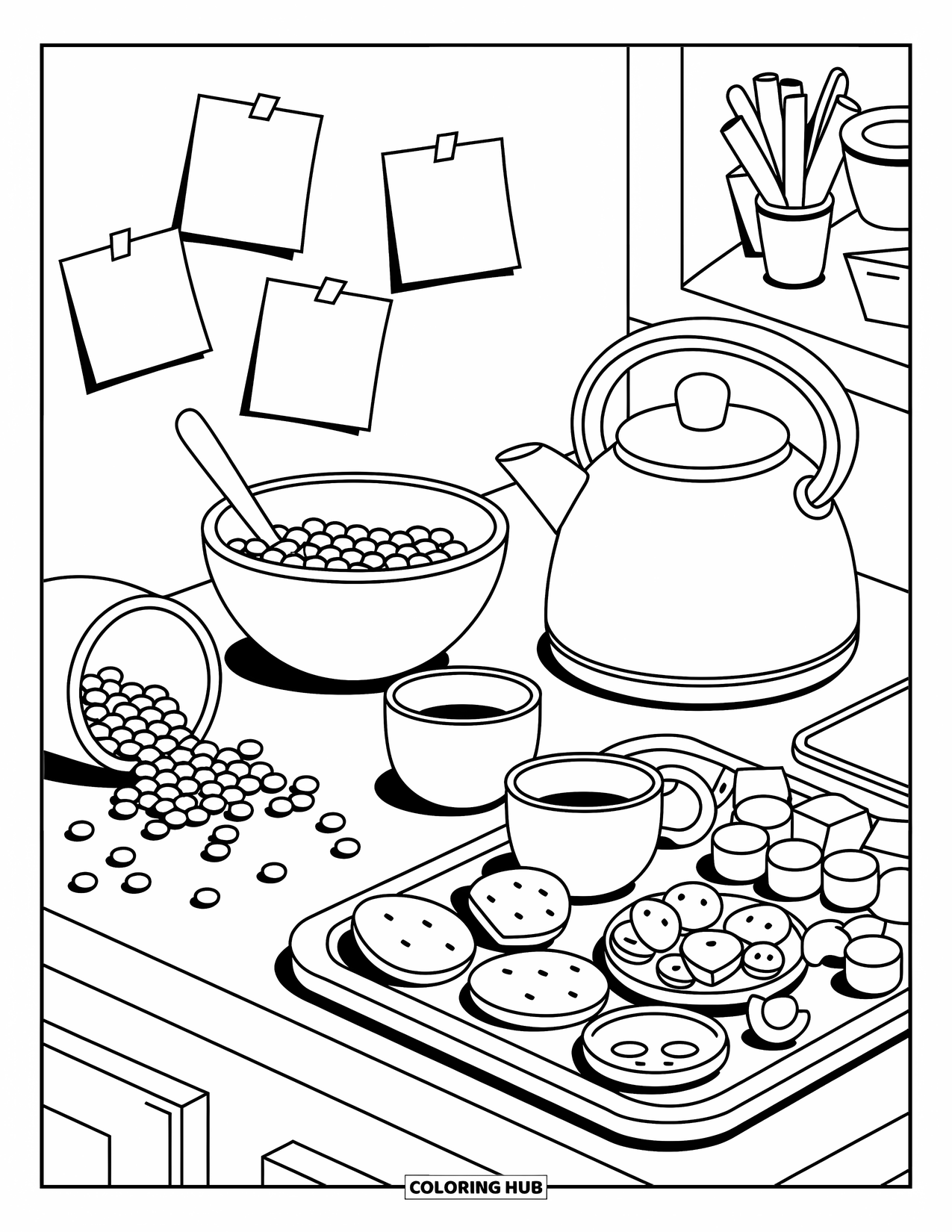 Bubble Tea Coloring Page for Adults: A warm kitchen scene with boba tools, toppings, and notes on the wall