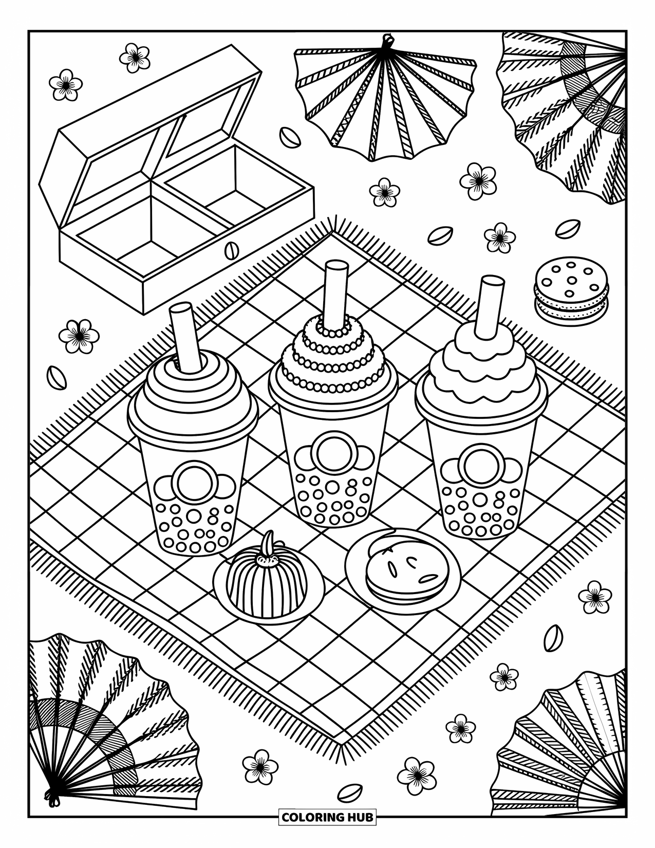 Bubble Tea Coloring Page for Adults: A wooden shelf packed with cute bubble teas, tins, napkins, and tiny plants