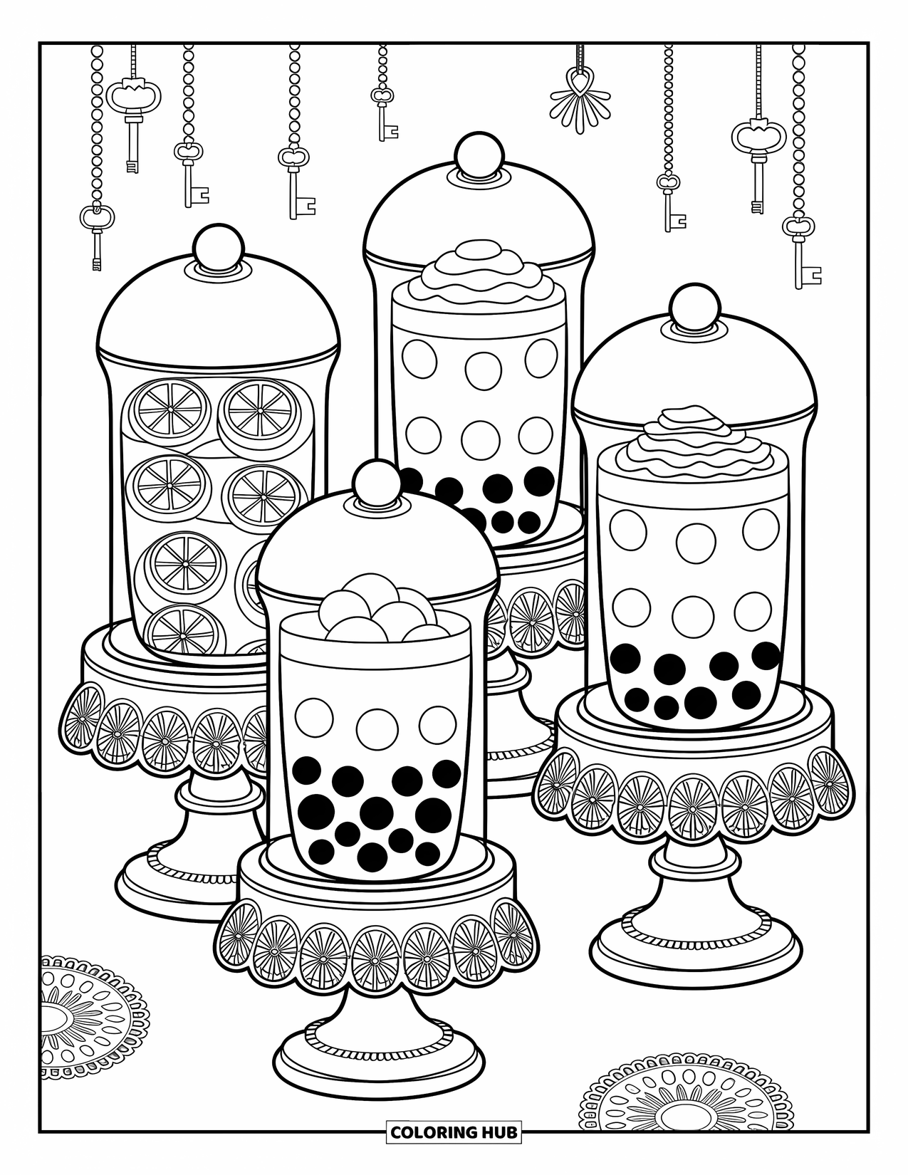Bubble Tea Coloring Page for Adults: Bubble tea prep scene with mango, lychee, jelly, and hand-written sticky notes