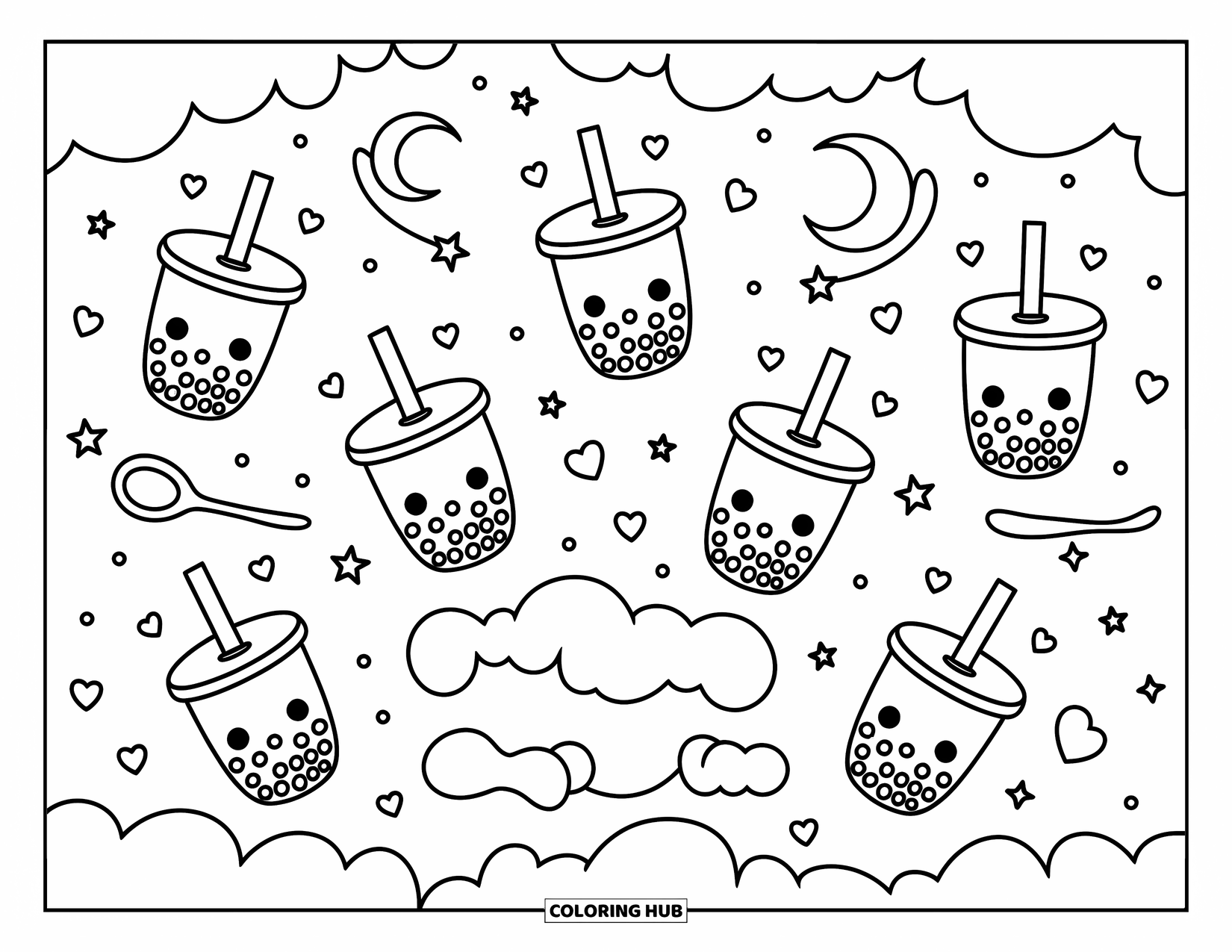 Bubble Tea Coloring Page for Adults: Bubble teas with toppings rest in elegant domes with keys, ribbons, and lace nearby