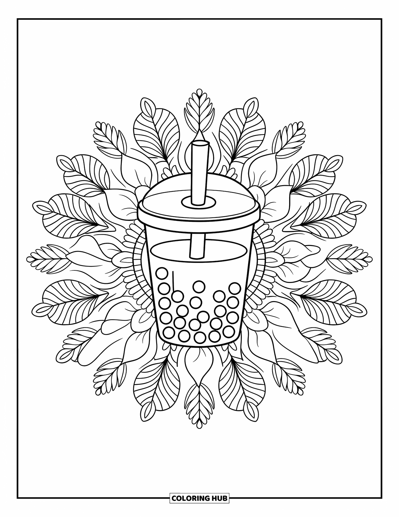 Bubble Tea Coloring Page for Adults: Detailed leaves and petals form a mandala around a straw-topped bubble tea