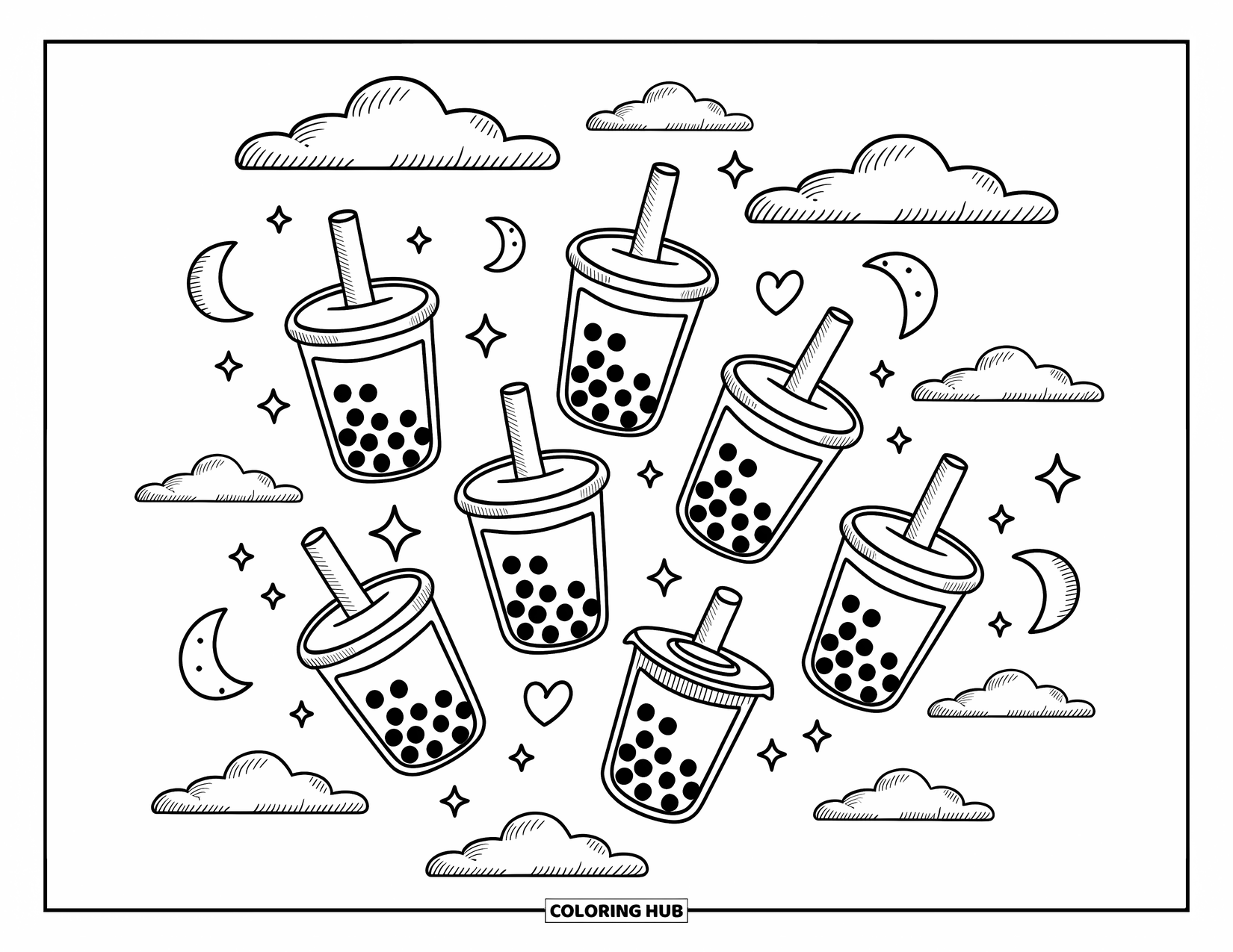 Bubble Tea Coloring Page for Adults: Four unique bubble tea drinks sit under glass domes on pedestals