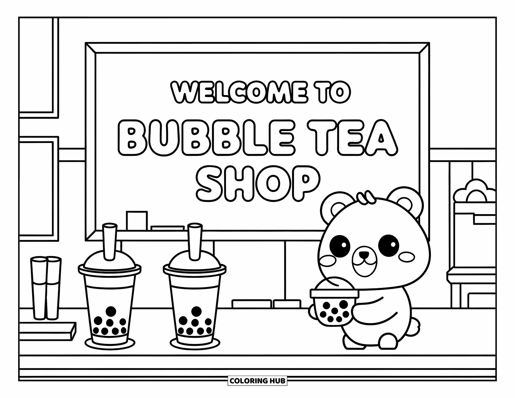 Bubble Tea Coloring Page for Kids: A bear mascot welcomes you beside two bubble teas and a chalkboard sign