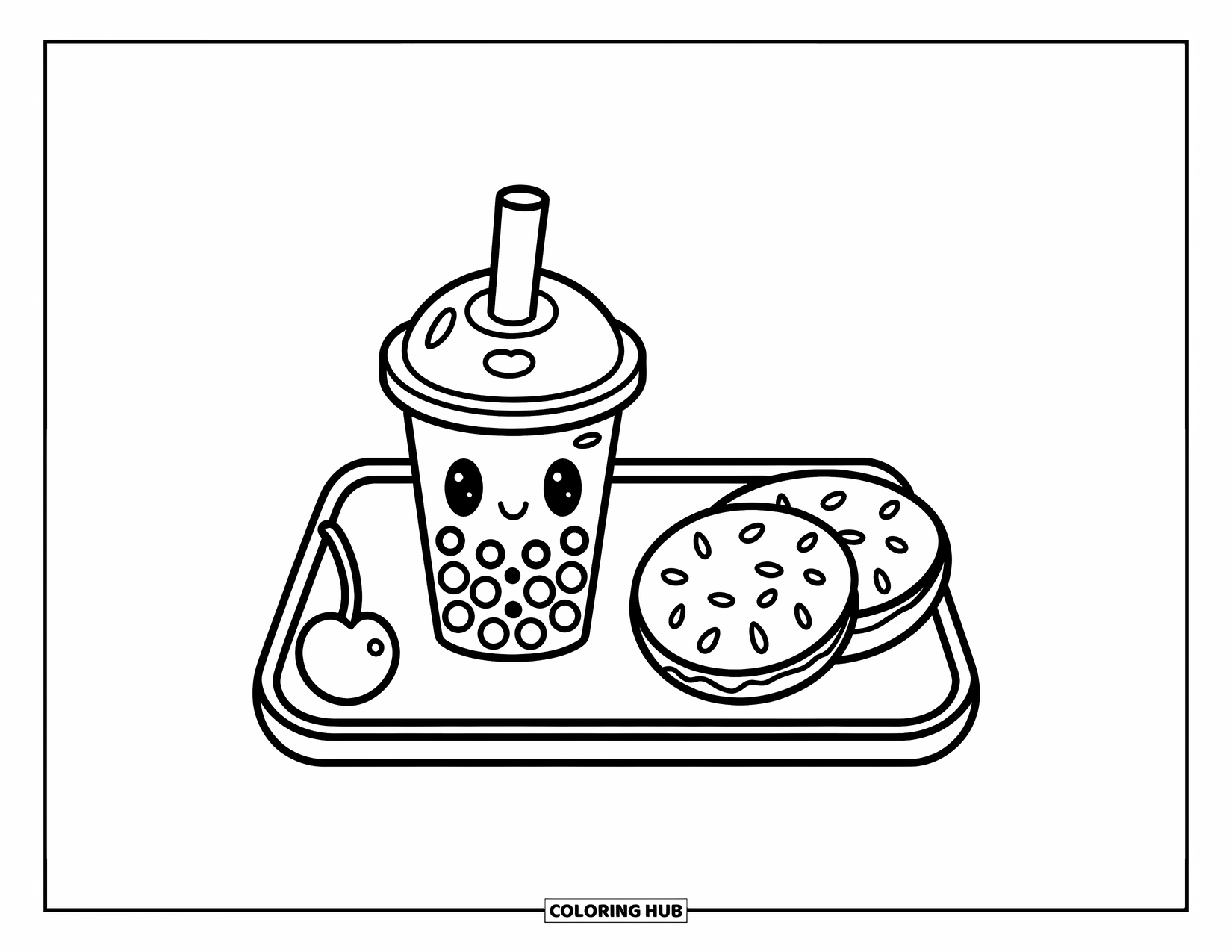 Bubble Tea Coloring Page for Kids: A bubble tea and cookies rest on a heart tray with a cherry nearby