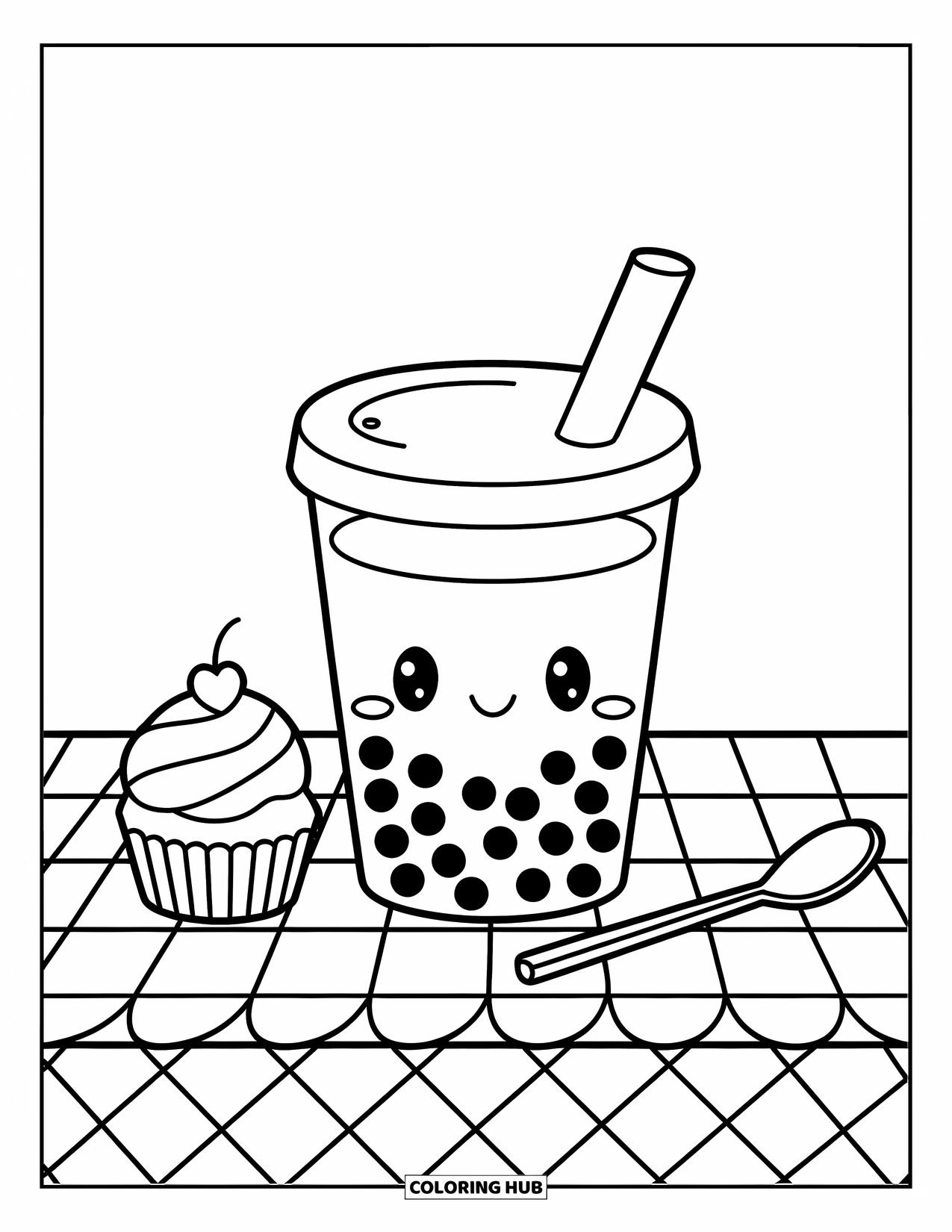 Bubble Tea Coloring Page for Kids: A bubble tea and tiny cupcake sit together on a checkered table