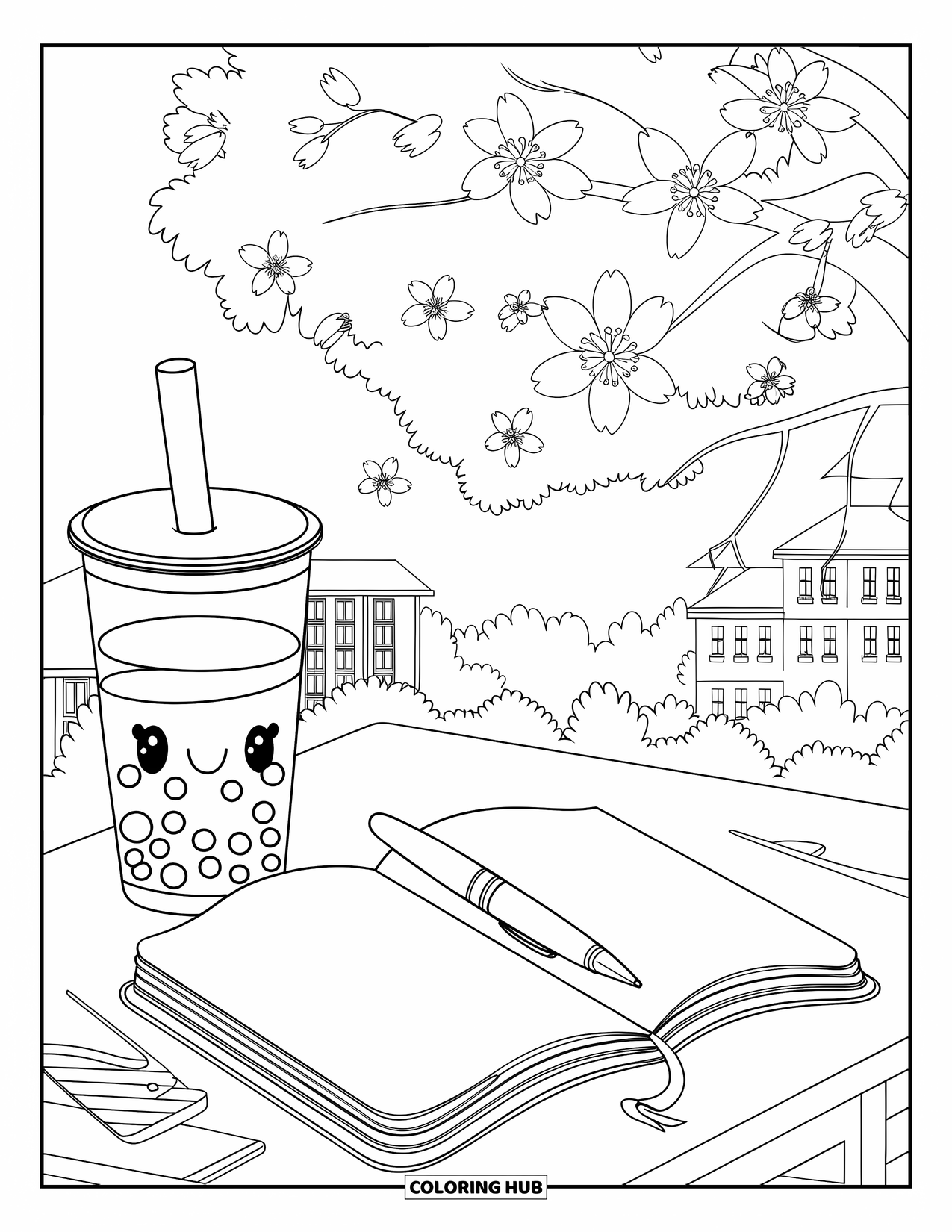 Bubble Tea Coloring Page for Kids: A bubble tea rests under cherry blossoms beside a pen and open notebook