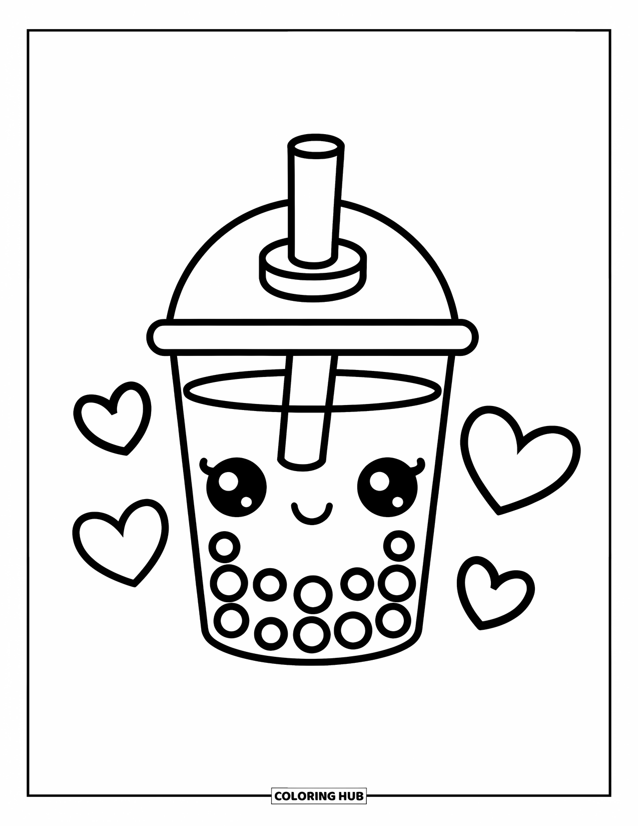 Bubble Tea Coloring Page for Kids: A bubble tea with a dome lid sits beside three floating hearts