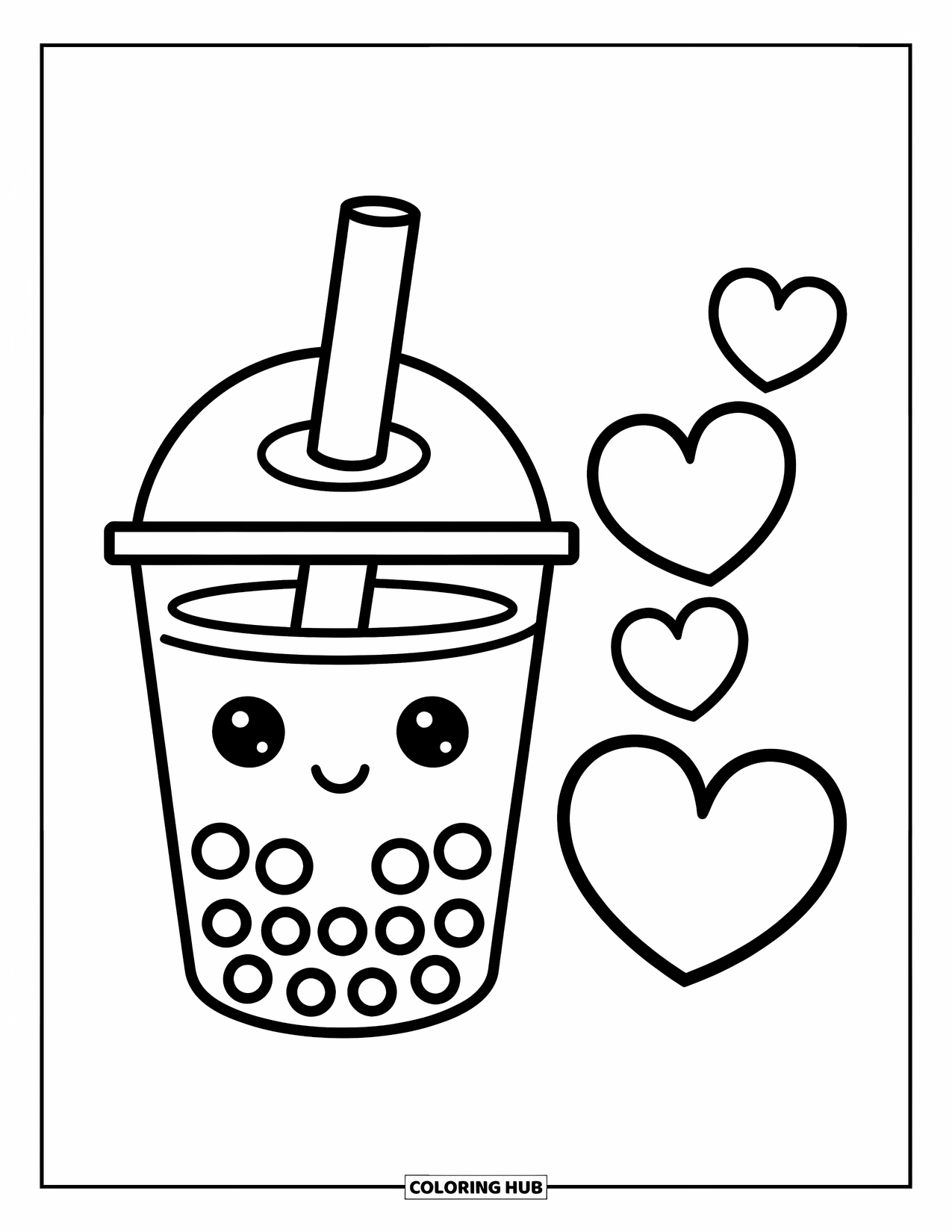 Bubble Tea Coloring Page for Kids: A bubble tea with tapioca pearls sits beside three heart shapes