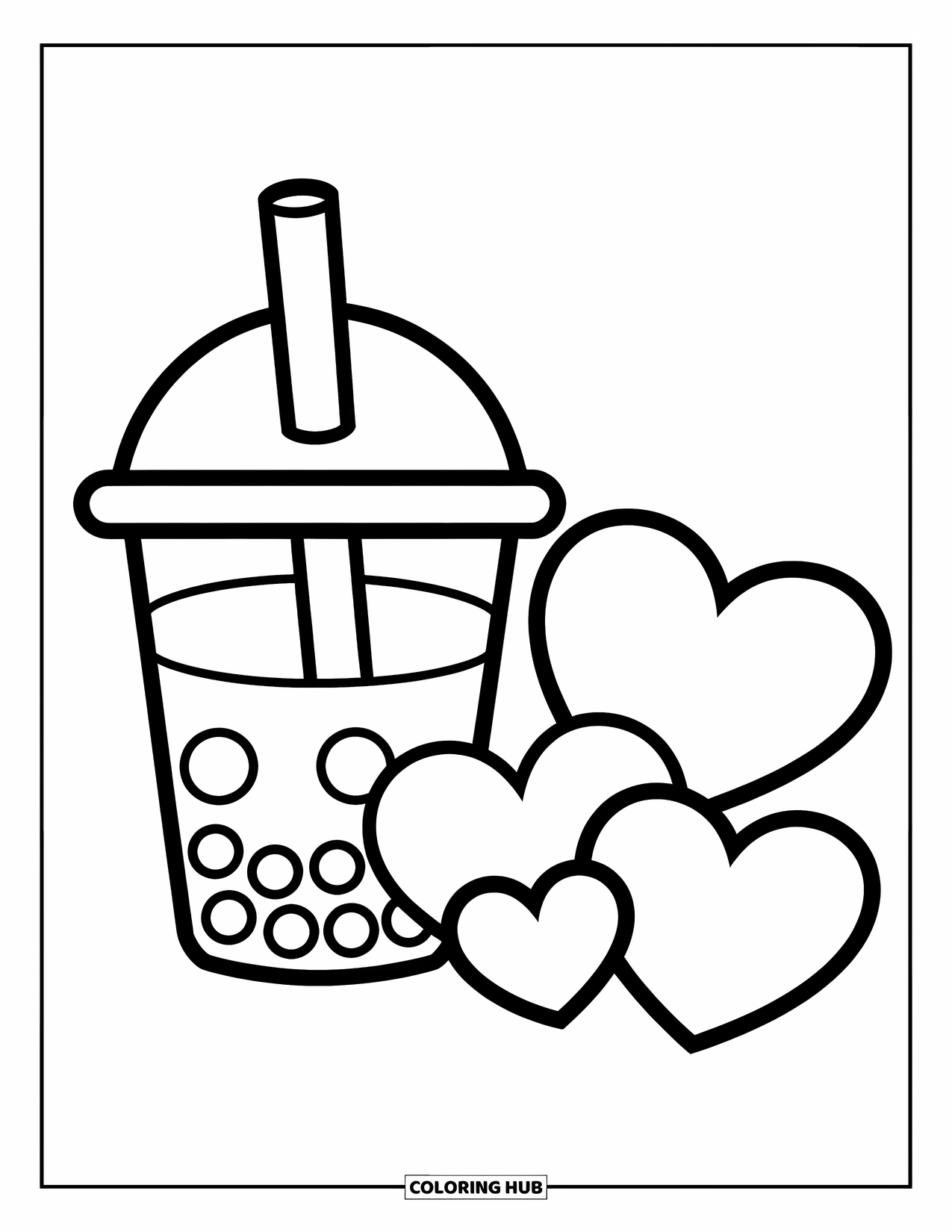 Bubble Tea Coloring Page for Kids: A cheerful bubble tea with hearts floats nearby, perfect for preschoolers