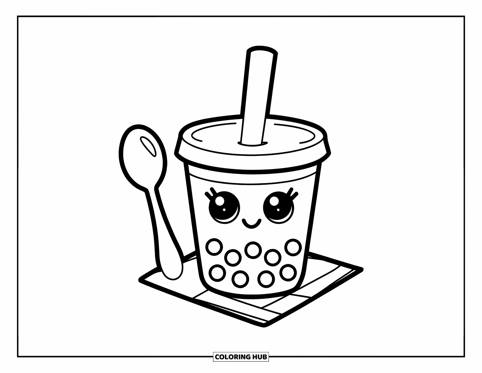 Bubble Tea Coloring Page for Kids: A cute-faced bubble tea cup is paired with a spoon and napkin on the side