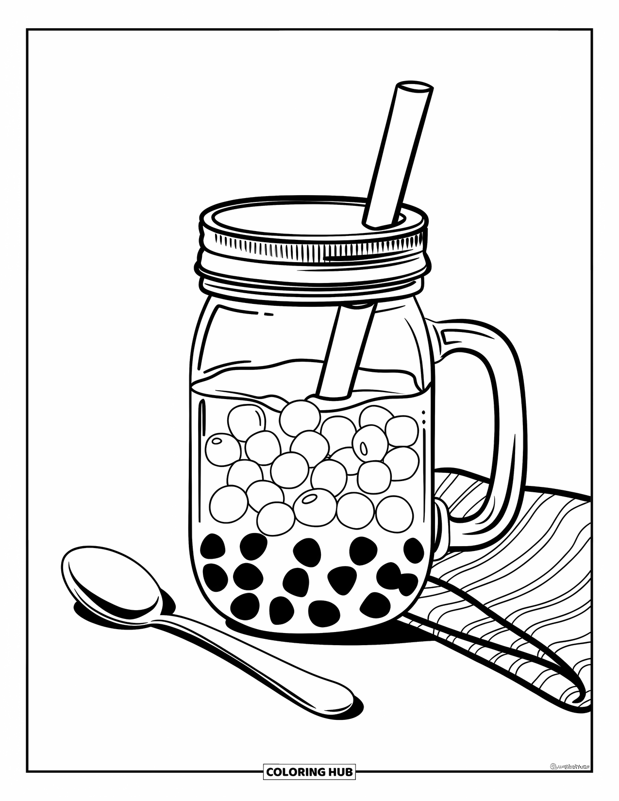 Bubble Tea Coloring Page for Kids: A mason jar holds bubble tea with a spoon and napkin beside it