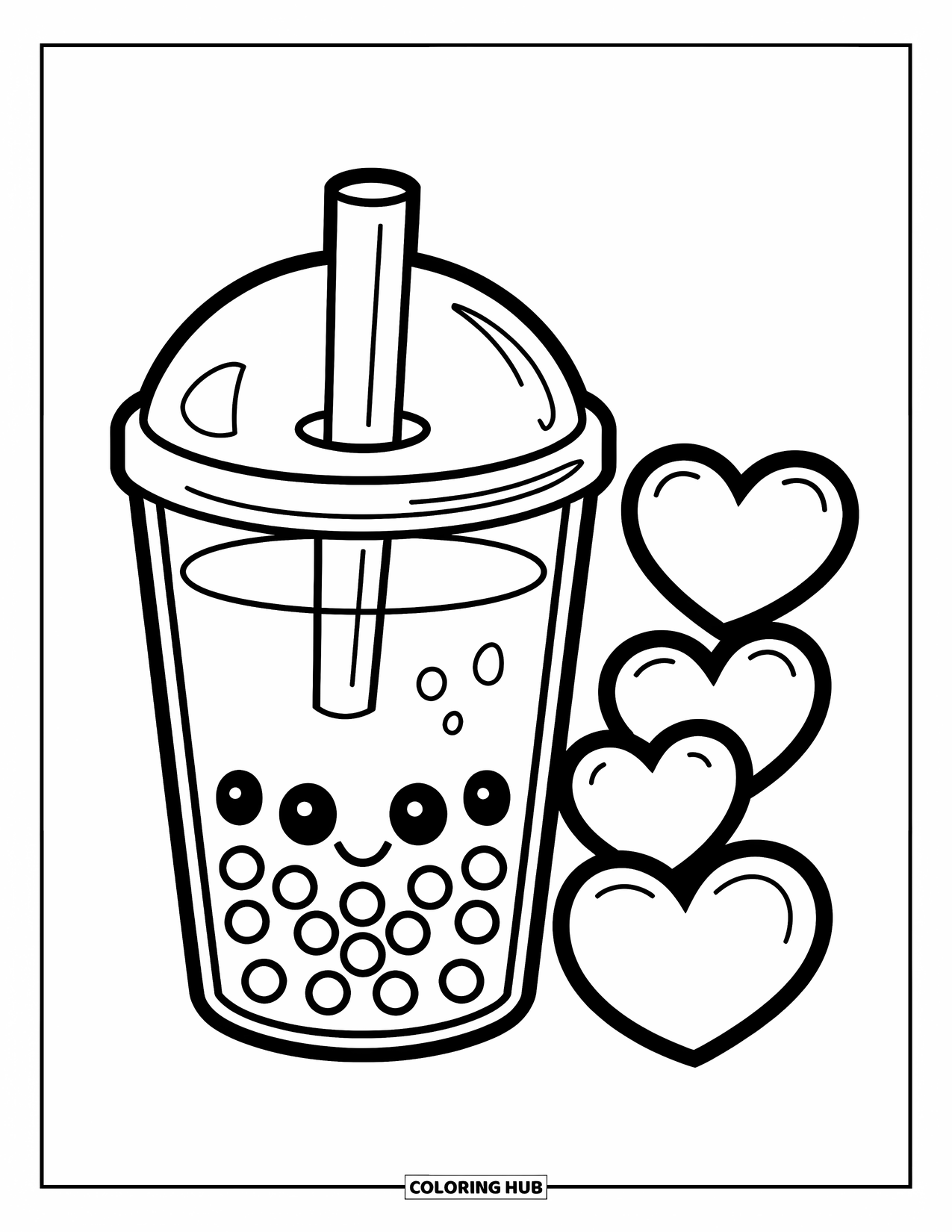 Bubble Tea Coloring Page for Kids: A tapioca-filled bubble tea rests beside three pearl-shaped hearts
