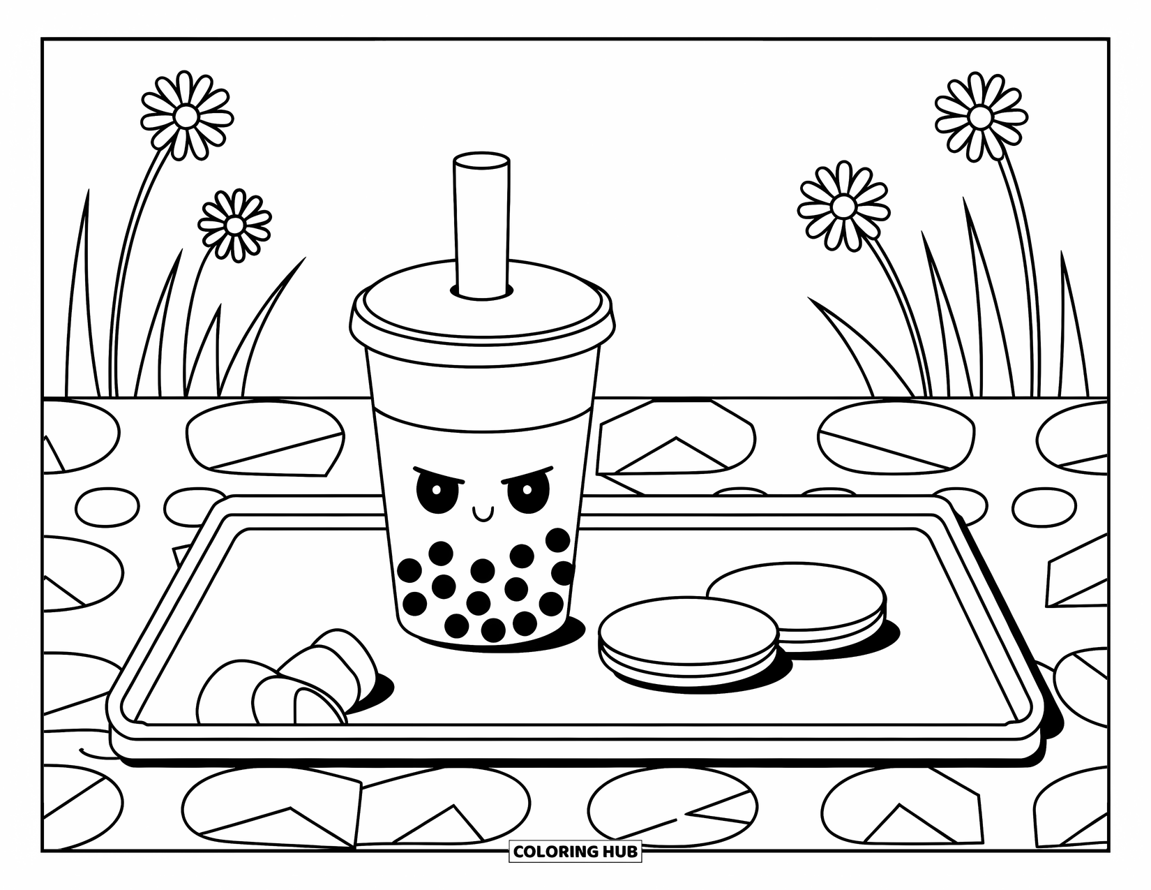 Bubble Tea Coloring Page for Kids: A tray holds bubble tea and cookies beside a wall with daisies