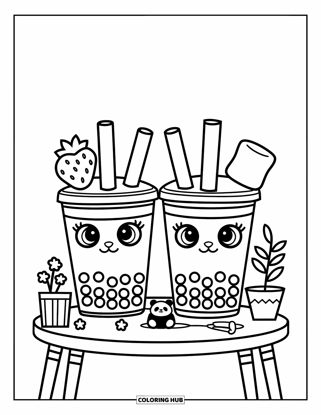 Bubble Tea Coloring Page for Kids: Animal-faced bubble tea cups sit beside a panda and plant on a small table
