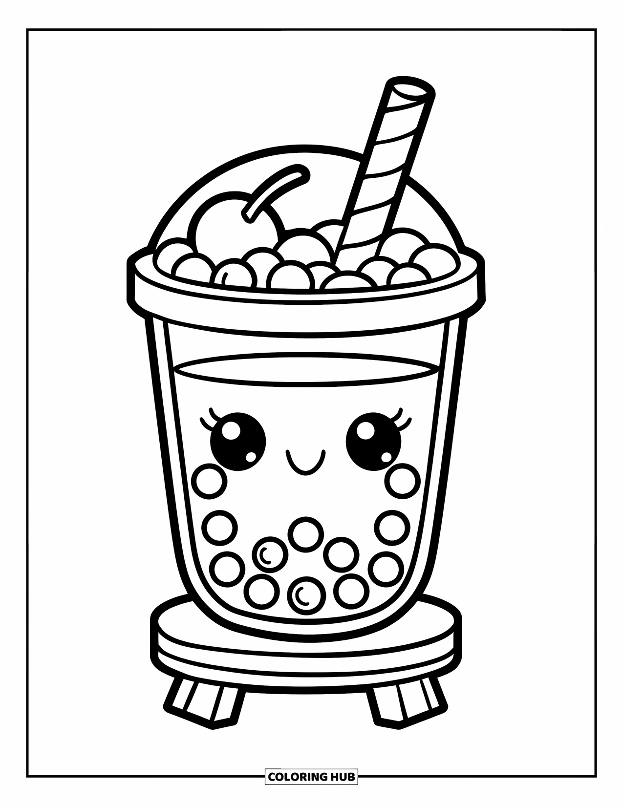Bubble Tea Coloring Page for Kids: Big pearls and a cherry top a bubble tea sitting on a wooden stand