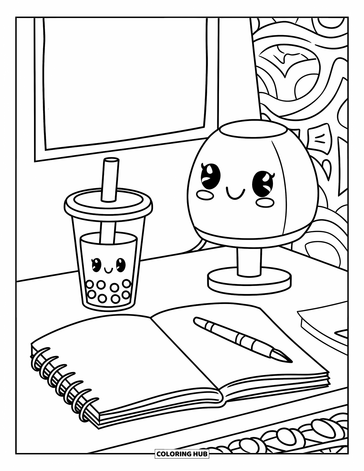Bubble Tea Coloring Page for Kids: Bubble tea, a smiling lamp, and notebook sit in a cozy creative space