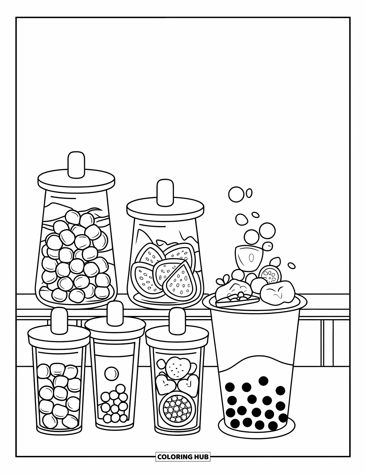Bubble Tea Coloring Page for Kids: Jars of toppings fill a bubble tea cup in this sweet setup