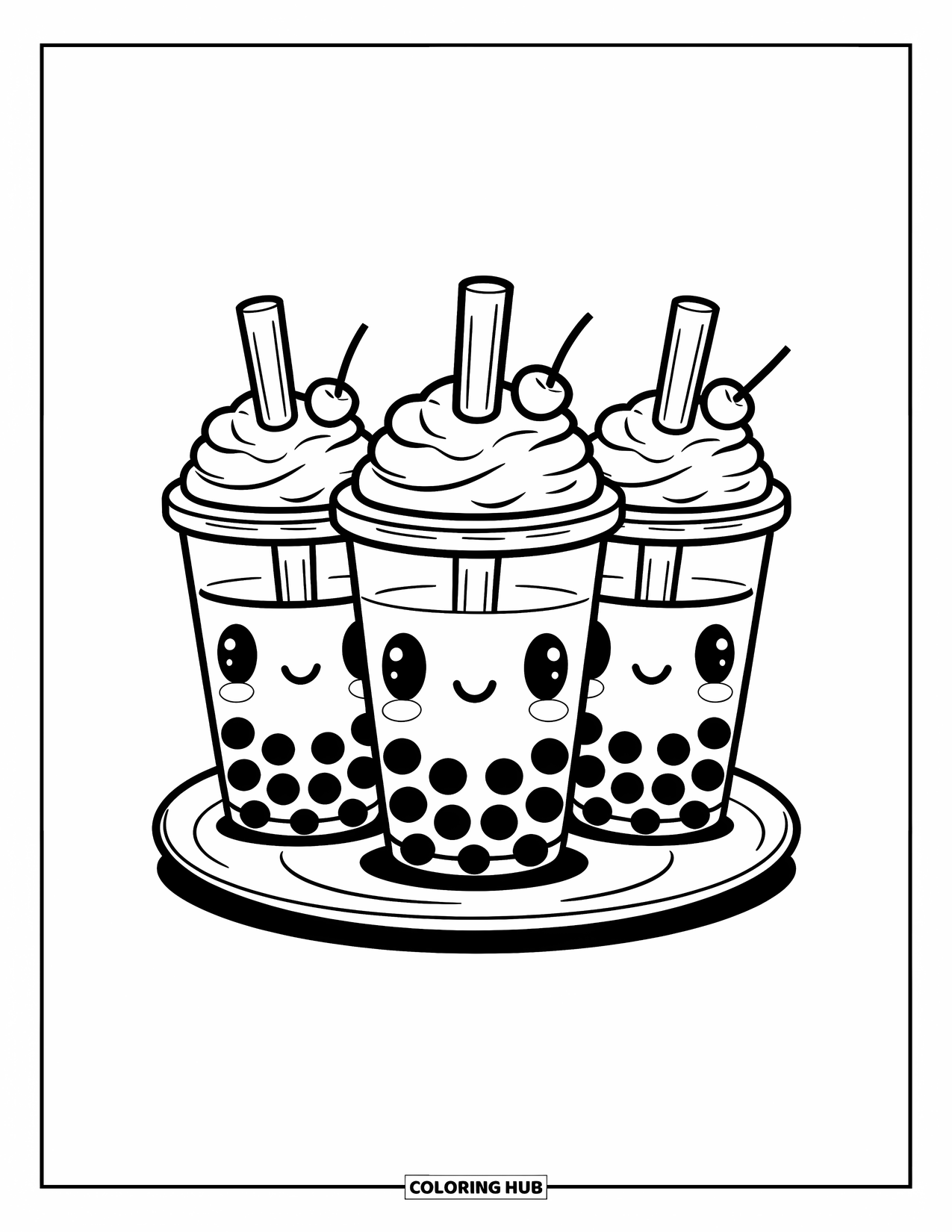 Bubble Tea Coloring Page for Kids: Three bubble tea cups with whipped cream and cherries sit on a saucer