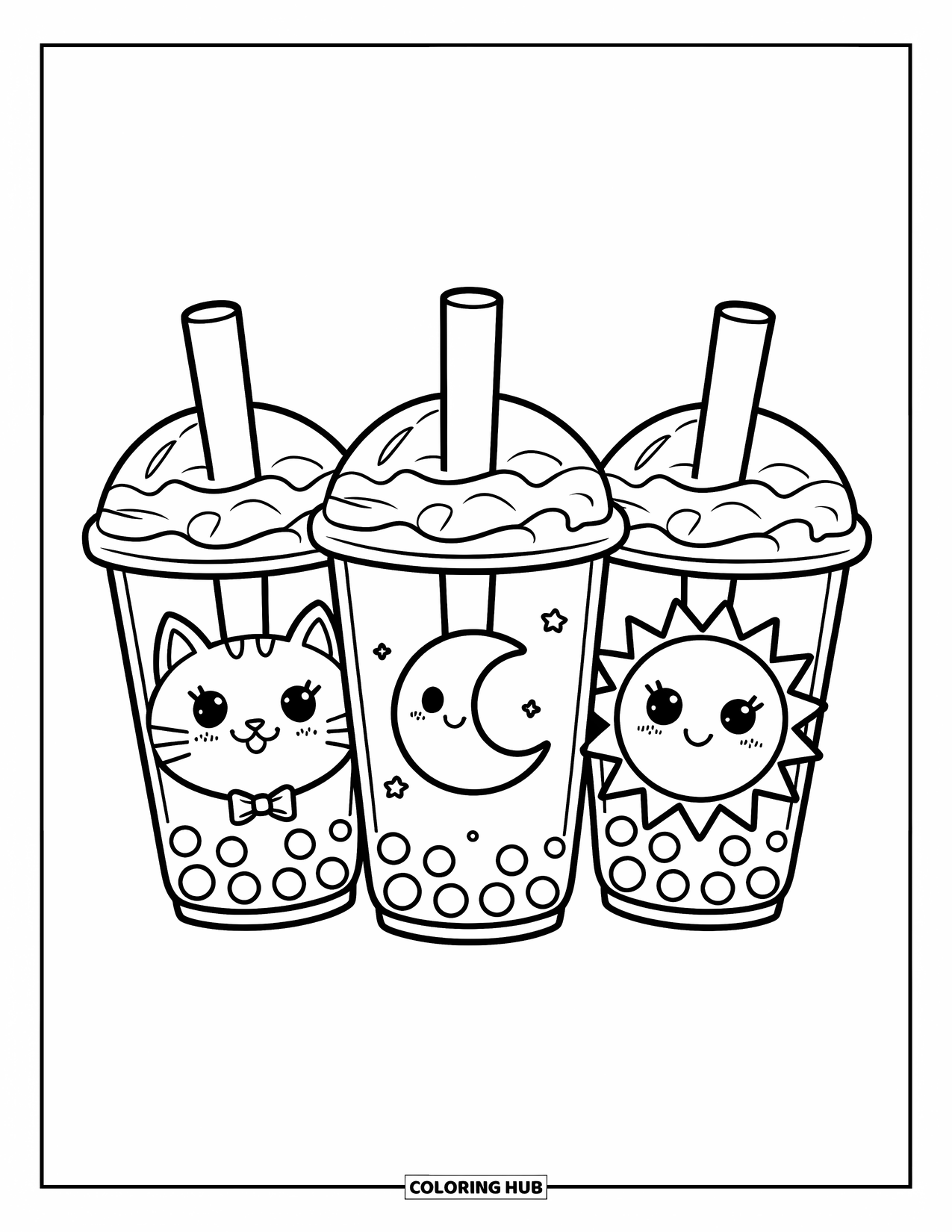 Bubble Tea Coloring Page for Kids: Three bubble teas each feature a cat, moon, or sun design on the cup